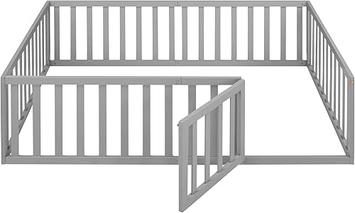 Miniatura 7 de Cama Montessori para niños, cama de piso tamaño matrimonial con valla y puerta, cama Montessori de madera para niños, niñas, niños, cama de suelo