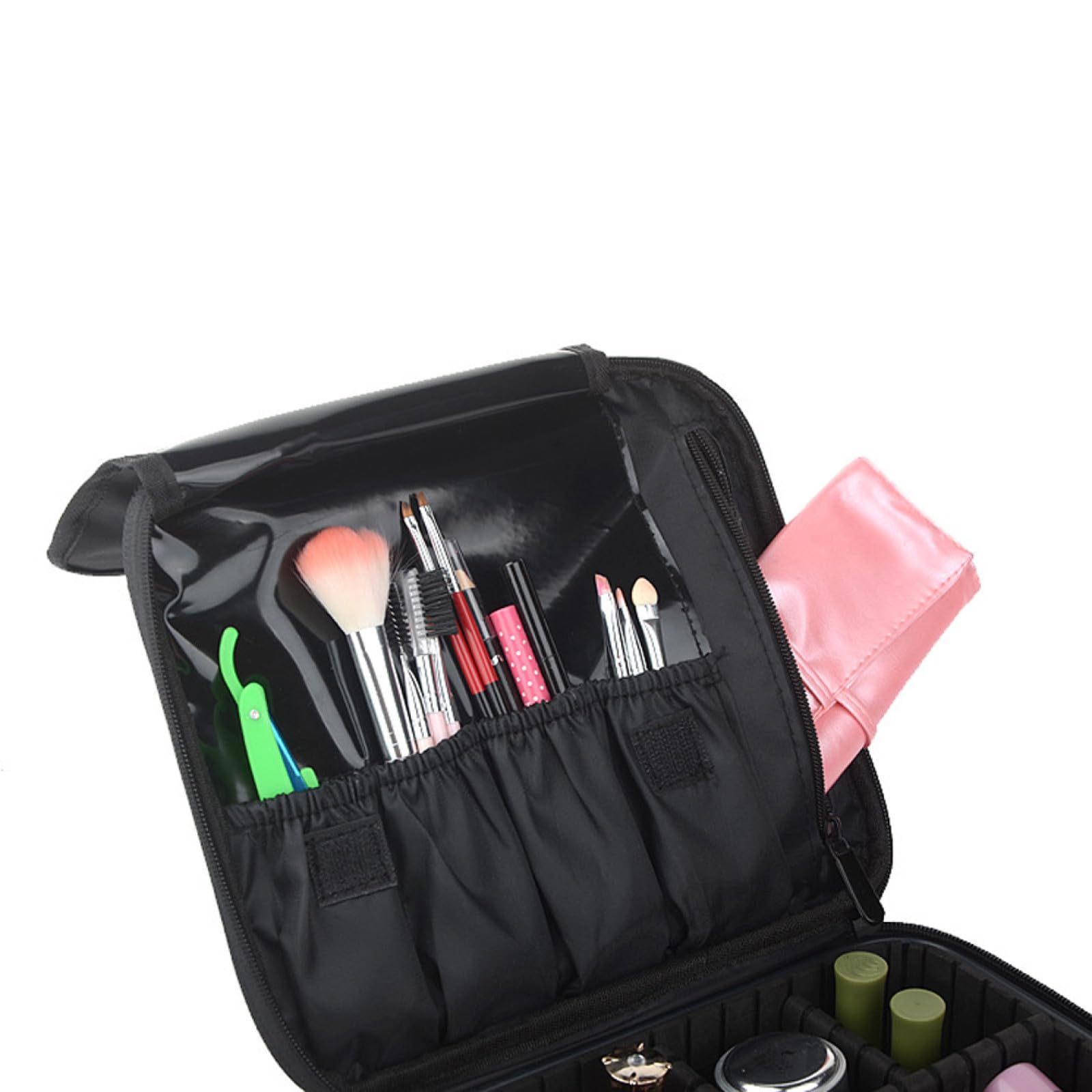 Estuche de Maquillaje Negro Portátil con Divisores Ajustables y Bolsillos para Brochas, Bolsa de Viaje para Cosméticos Adecuado para Viajes y Almacenaje Compacto