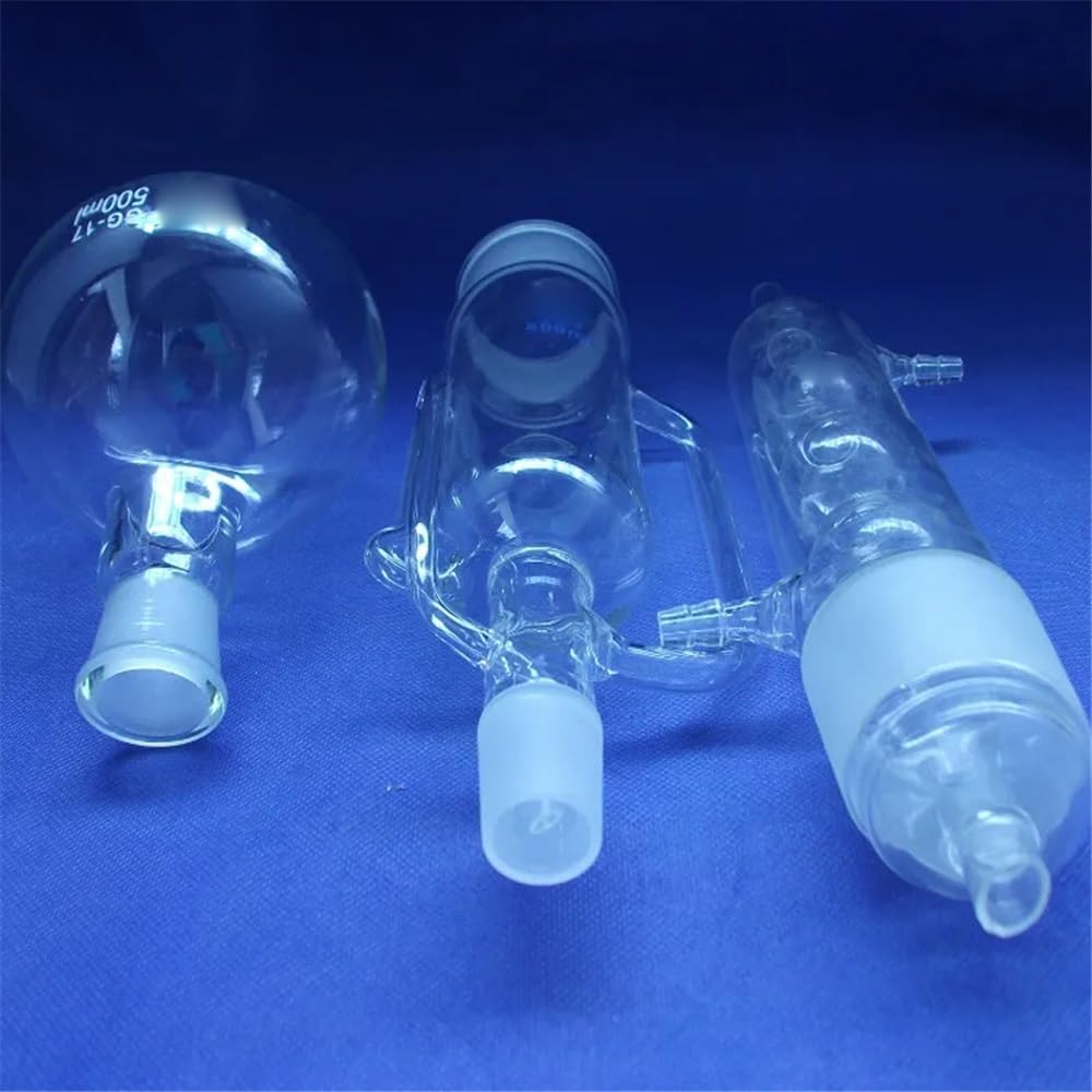 Sprzęt laboratoryjny i materiały eksploatacyjne 0,5 l ze skraplaczem żarówkowym, szkło 500 ml i korpus ściągacza, szkło laboratoryjne