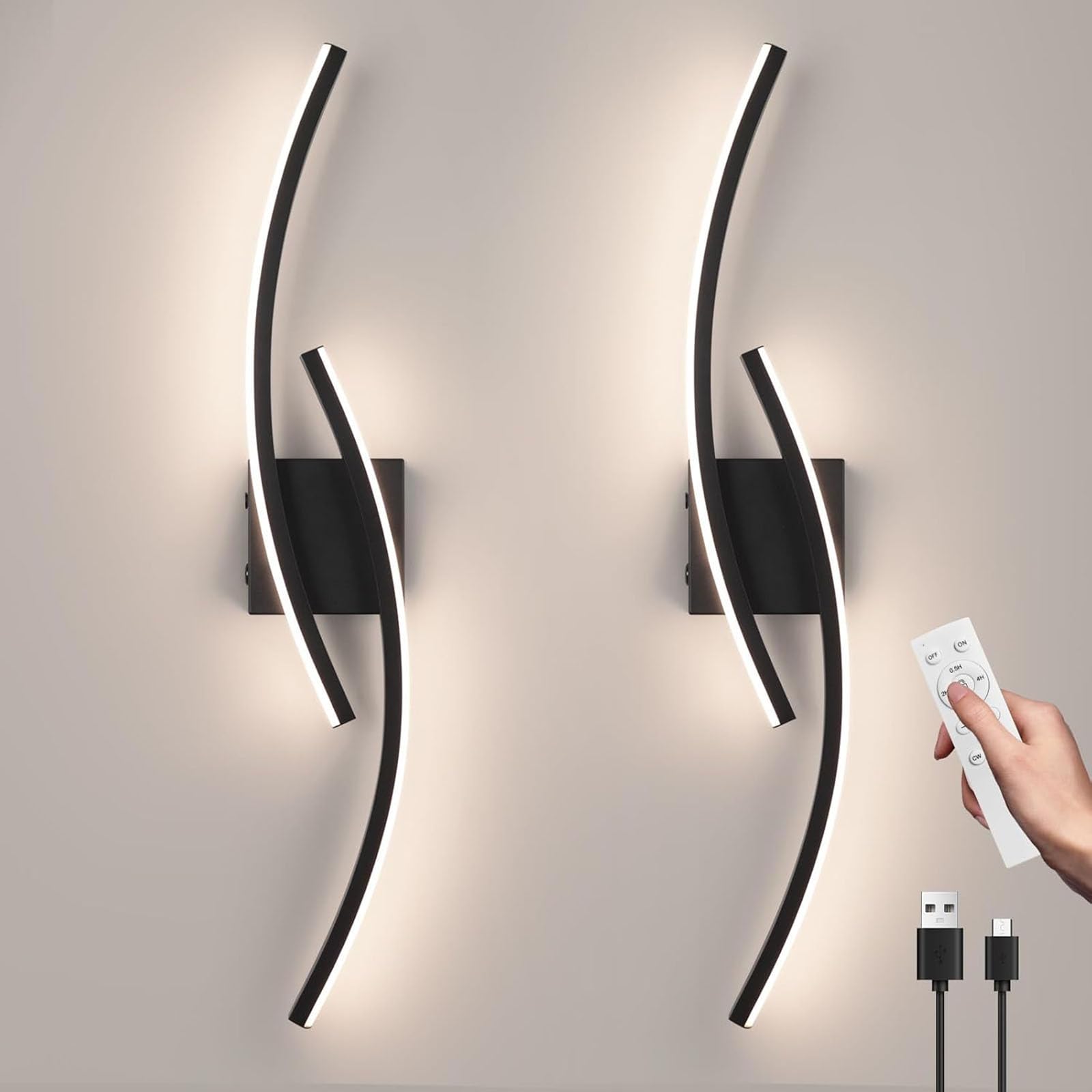 Lai Ho Black/Light Modern Led Wall Lights Set Of 2,Dimmable Battery Operated Wall Sconces,Wireless Wall Lights,Curved Bar For Bedroom Bathroom Hallway