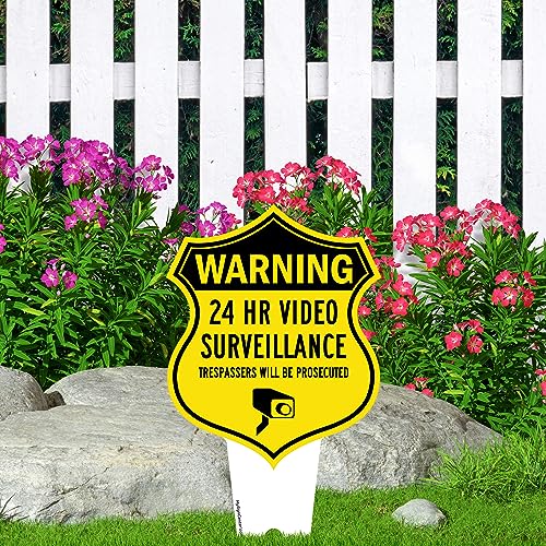 Image of Warning, 24 Hr Video Surveillance Sign, 7x13, Heavy Duty Integrated Ground Stakes, Indoor /Outdoor Use, Rust Free Aluminum Composite, Made in USA by My Sign center