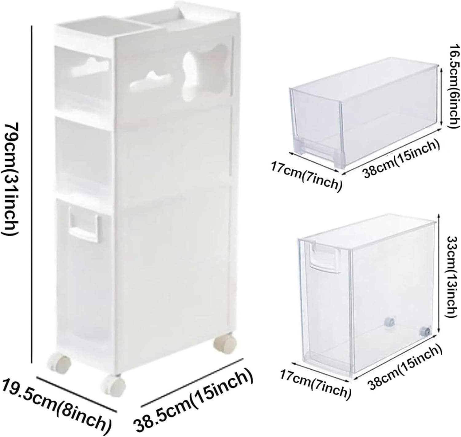 XENITE Narrow Slim Bathroom Floor Cabinet, Skinny Toilet Paper Storage Cabinet with 4 Plastic Drawers and Casters Large Capacity Vertical Storage Unit for Bathroom, Small Spaces, Gaps