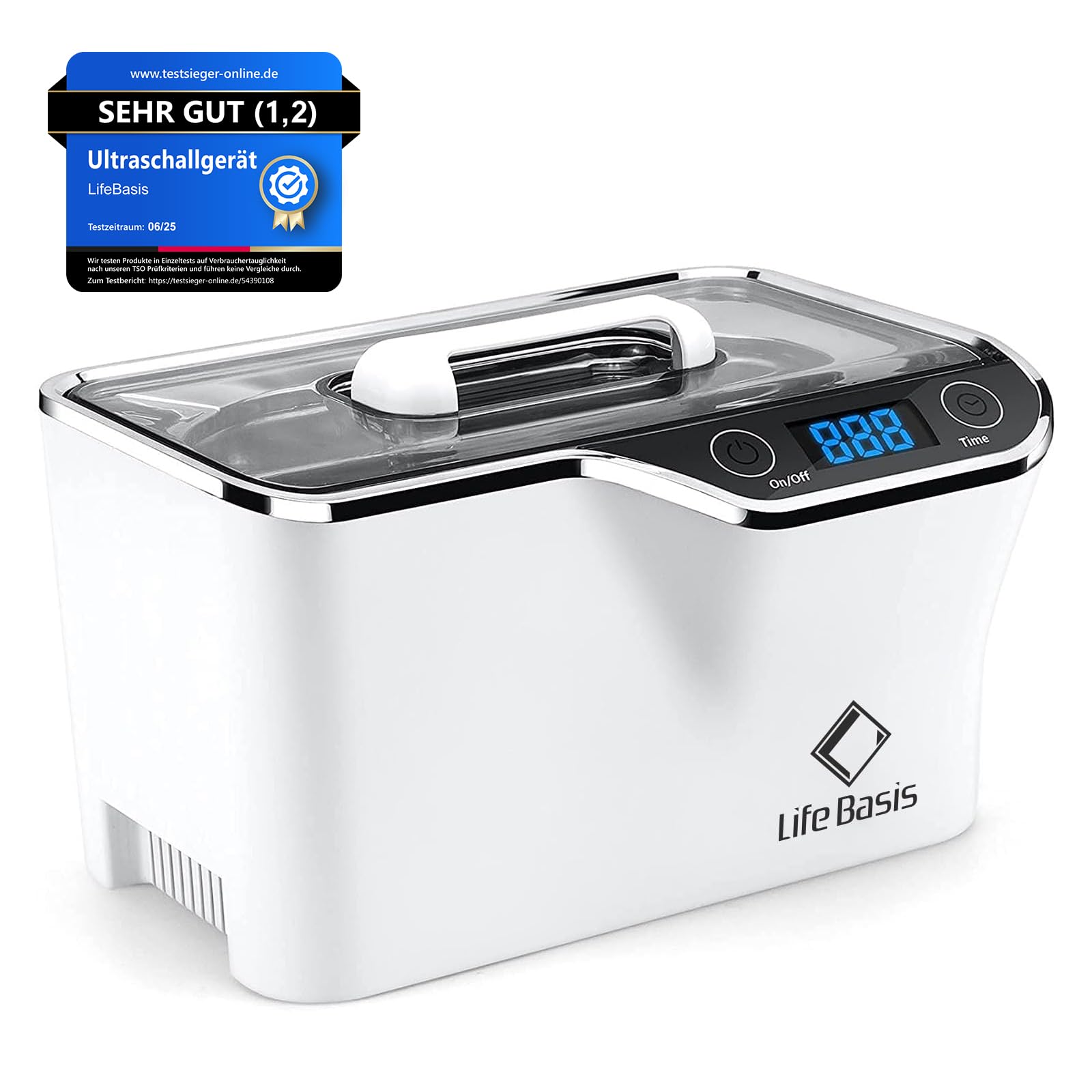 LifeBasis Ultraschallreinigungsgerät 600ml, 48kHz Ultraschallreiniger mit Degas & Vollwelle, 50W Brillenreinigungsgerät mit Kühlventilator & 5 Modi LED-Anzeige für Brillen, Schmuck, Zahnersatz, Uhren