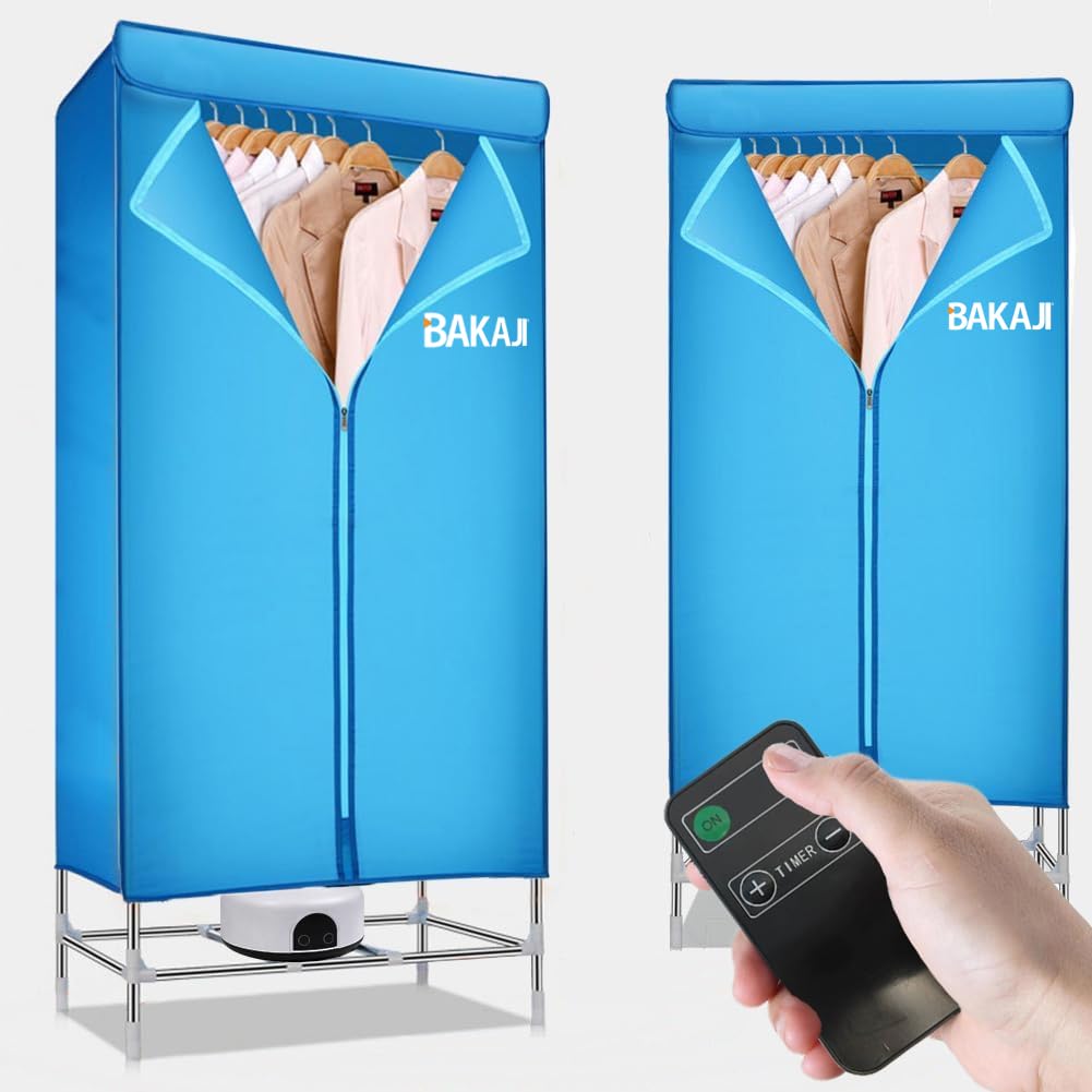 BAKAJI Asciugabiancheria Elettrico ad Armadio con Telecomando e Display di Controllo, Asciugatrice Stendino Asciuga Biancheria ad Aria Calda, Potenza 1200W, Timer 180 min, Dimensione 65 x 45 x 138 cm