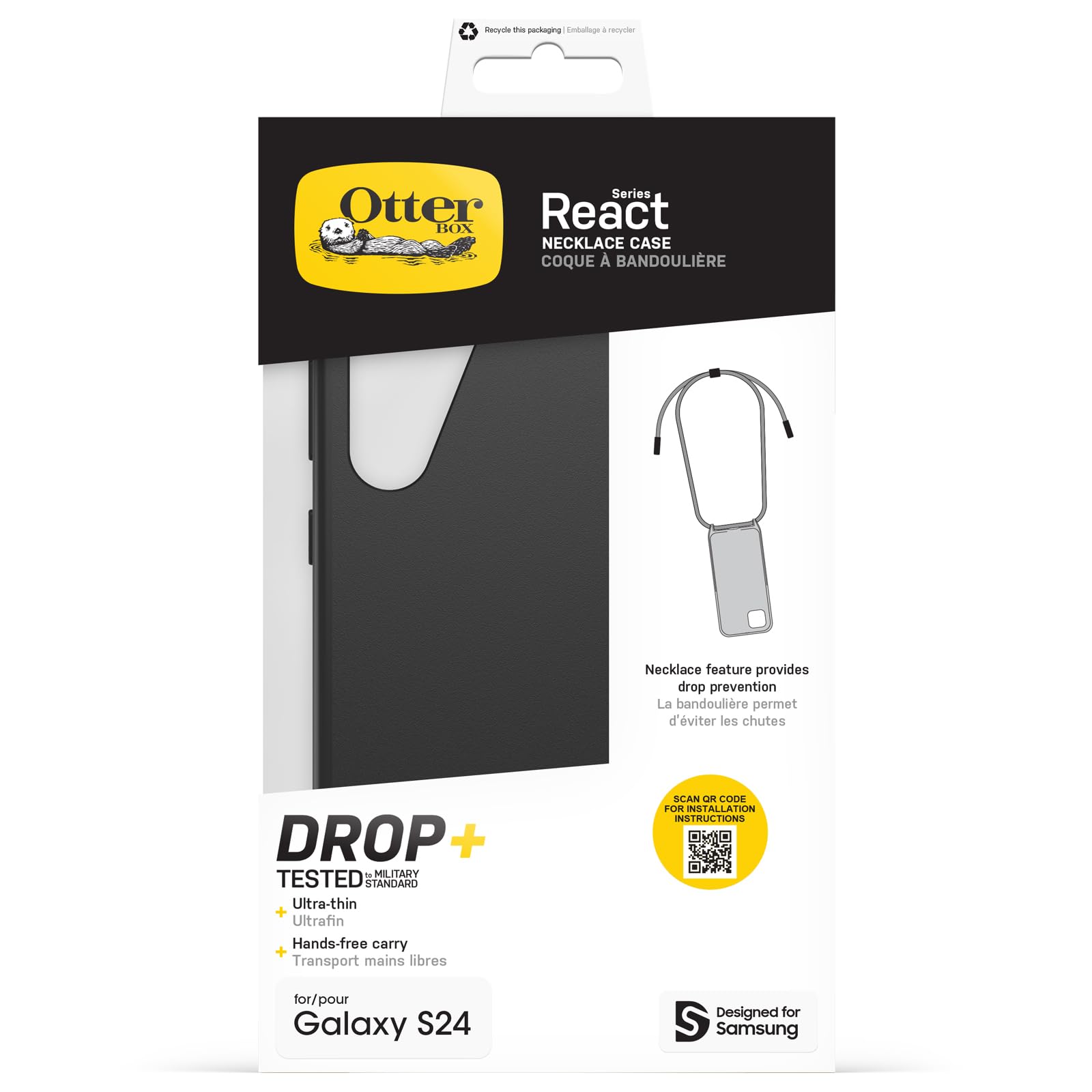 OtterBox Cover React Necklace per Samsung Galaxy S24, Custodia Ultra sottile, Resistente a shock con cordino a collana, Adattabile e intercambiabile, Testata a norme MIL STD 810G, Nero