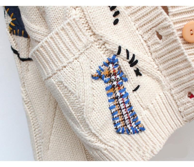 Image of Women's Cable Knit Open Front Cardigan V-Neck Button Down Embroidery Wool Blend Sweater Coat