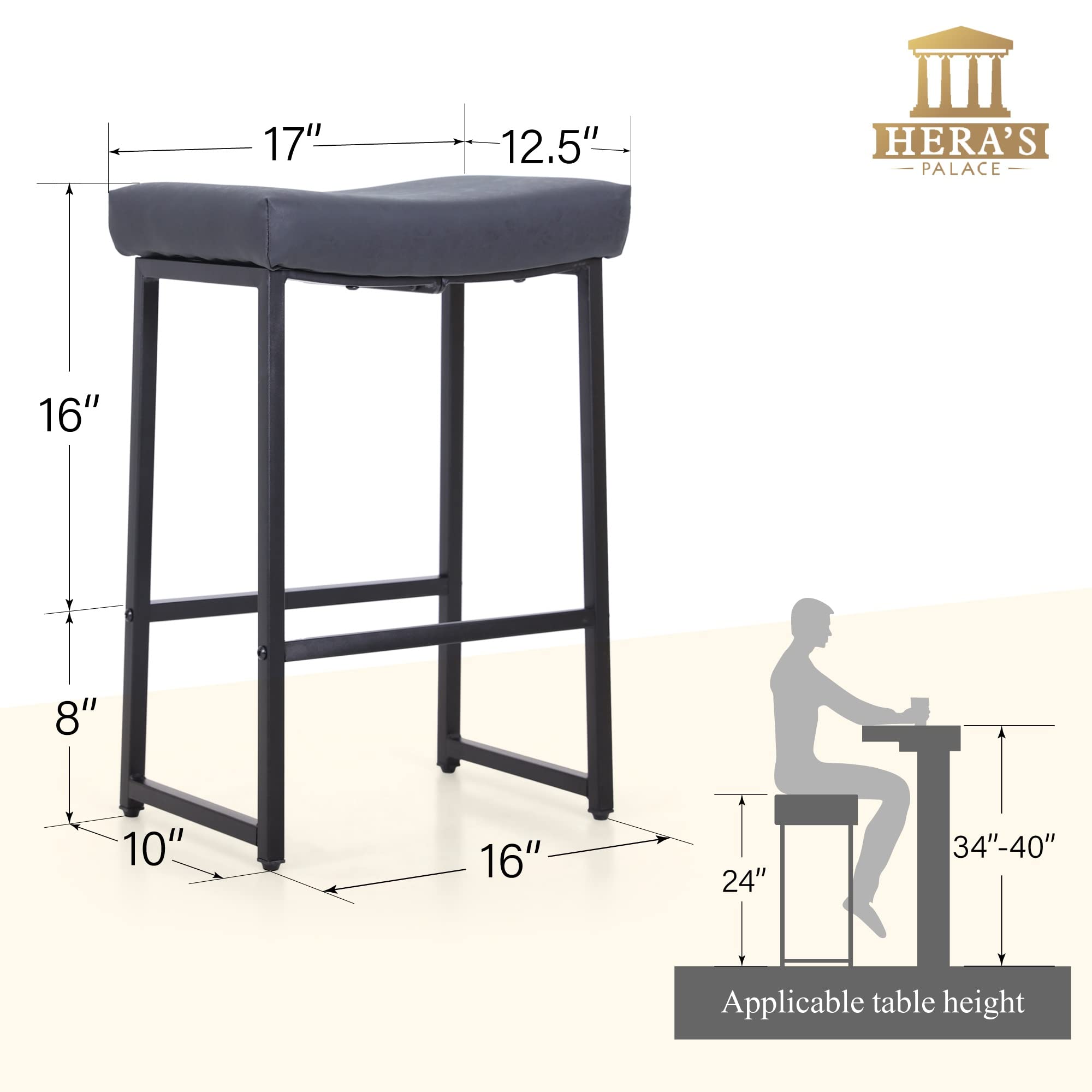 Juego de 2 taburetes de bar cuadrados grises de 24 pulgadas, taburetes de bar de metal de altura de mostrador, moderno taburete de cuero sintético sin respaldo para encimera de isla de 8