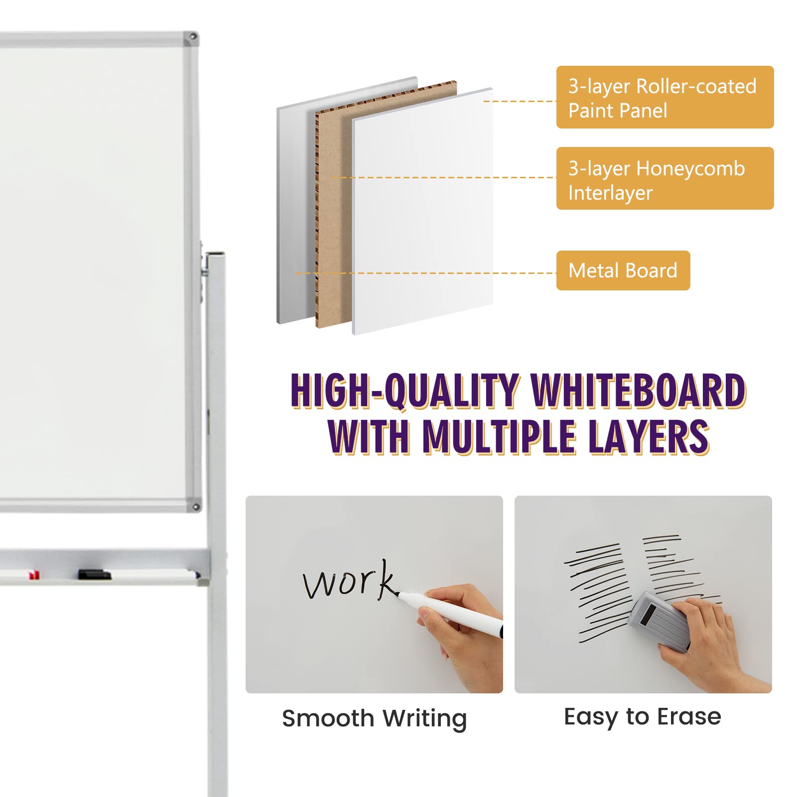 GIANTEX 120 x 60 cm Pizarra Magnética de Doble cara con Ruedas, Altura Regulable en 360° con 6 Marcadores, 12 Imanes y 1 Borrador, Pizarra Reversible para Oficina, Hogar, Escuela (Blanco)
