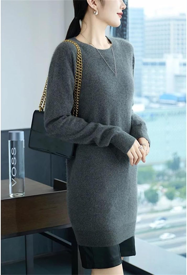 Women's 100% Wool Long Knitted Sweater Crewneck Long Sleeve Fashion Pullovers Winter Office Casual Loose Tops