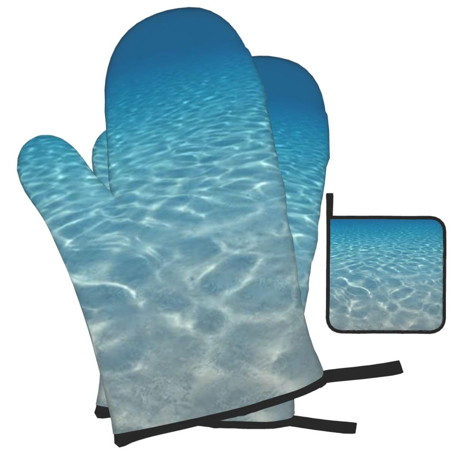 Tranquil water Printed Oven Mitts and Pot Holders Heat Resistant Set of 3 Pcs, Modern Kitchen Gloves & Potholders for Cooking Baking Grilling