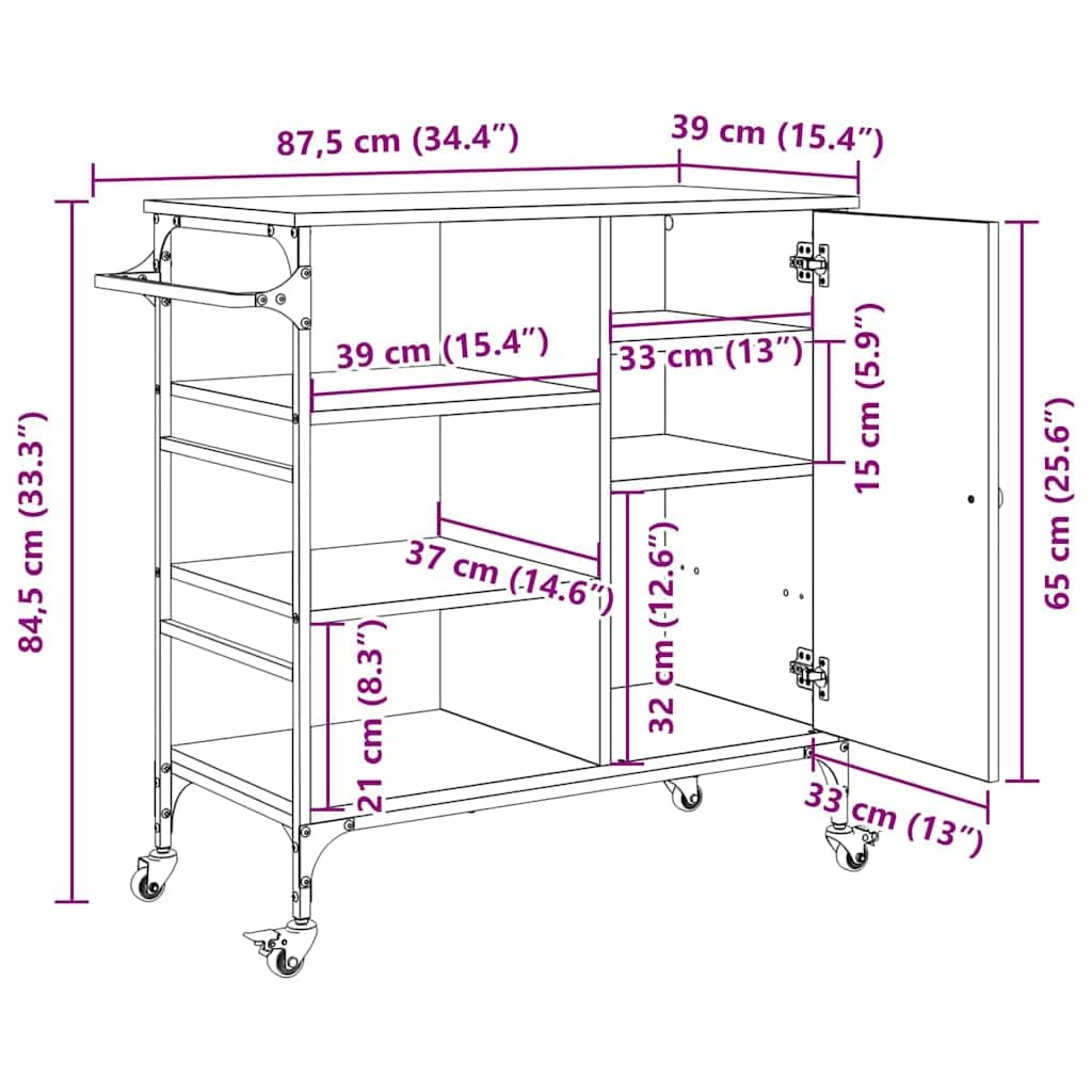 Carro de cocina de madera recuperada, 87,5 x 39 x 84,5 cm, carro de cocina con ruedas y frenos, carrito de servicio auxiliar con espacio de almacenamiento para cocina y zona de cocción