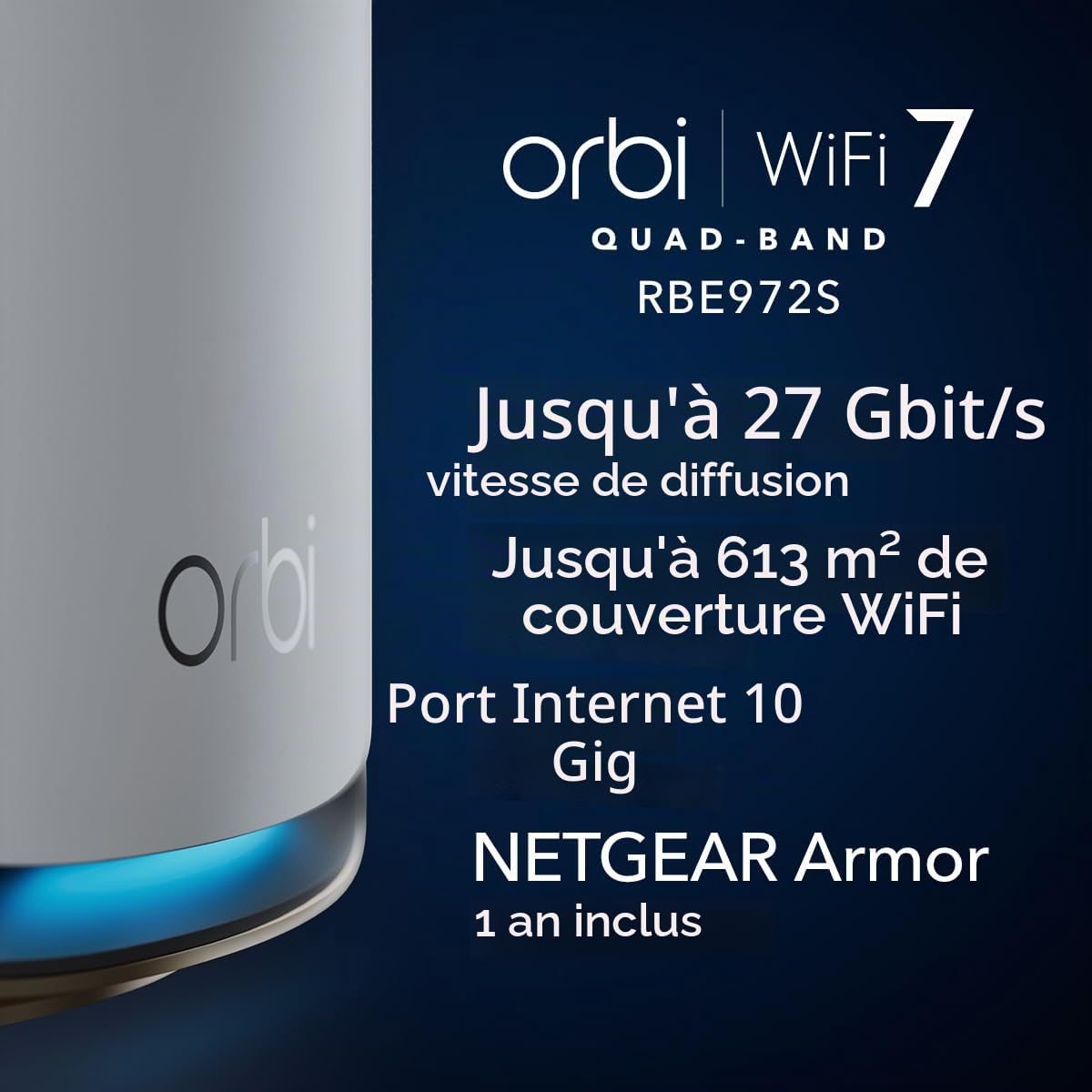 NETGEAR Orbi 970 Series Quad-Band WiFi 7 Mesh Network System (RBE972S), Router + 1 Satellite Extender, Security Features, Up to 27Gbps, Covers up to 6,600 sq. ft., 200 Devices, 10 Gig Internet Port