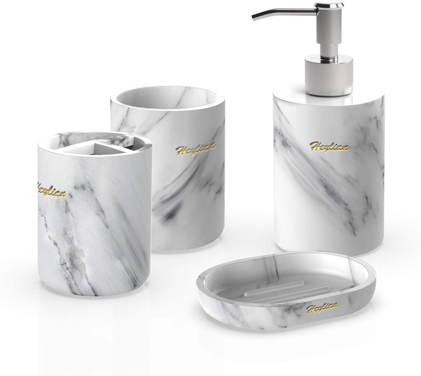 HPILISH RileyKyi Heylian Bathroom Accessories Set, Marble Design Look Tumbler Soap, Dish Liquid, Soap Dispenser, Toothbrush Holder (White)