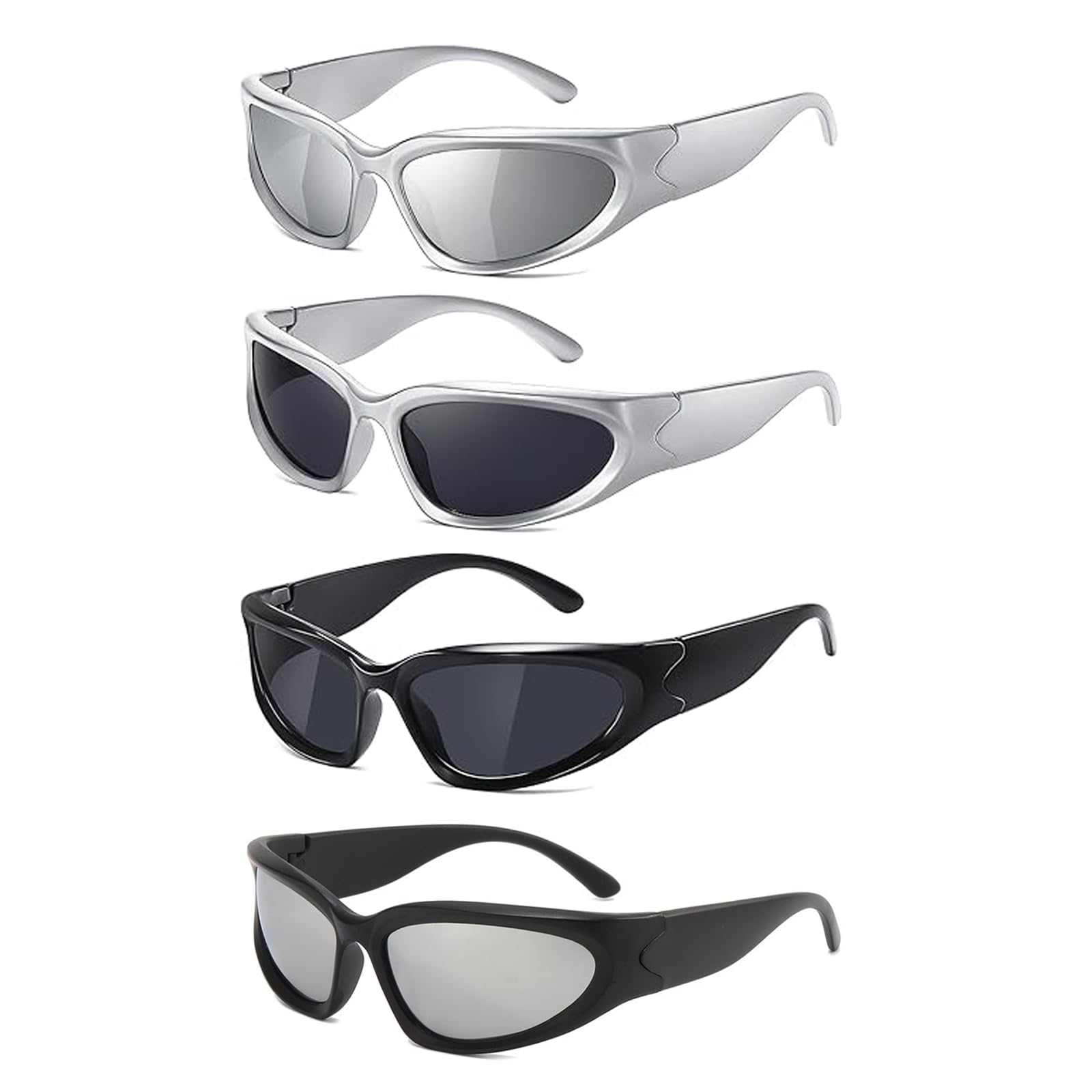 Y2K Glasses, Vintage Style Sunglasses, Retro Futuristic Eyewear, Steampunk Glasses Set of 4, Black Frame Gray Lens, Silver Frame Gray, Silver White Mercury Lens-image-3