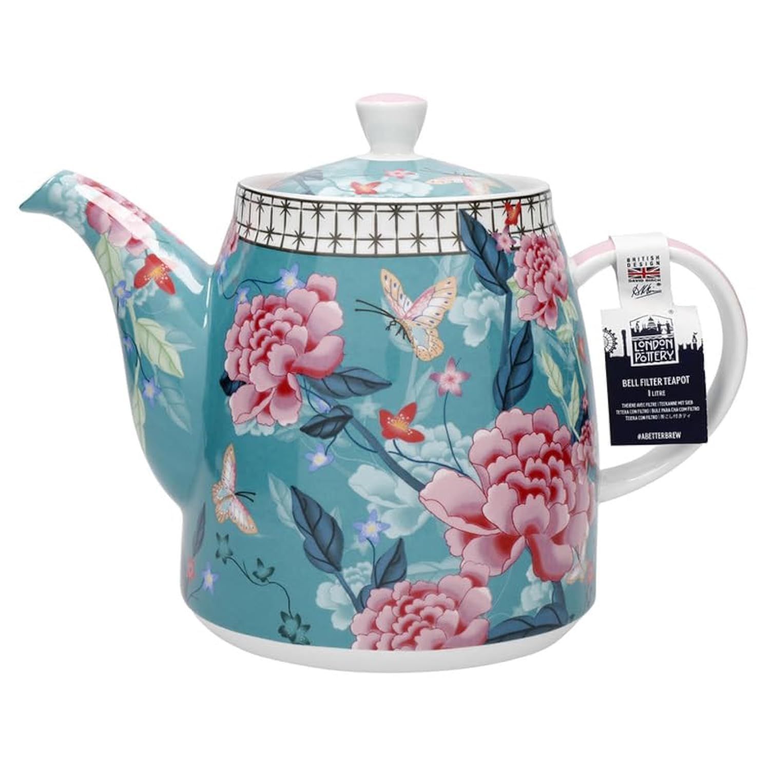London Pottery Teiera classica in ceramica a forma di campana, 1 litro, motivo floreale color foglia di tè, fiori vintage e farfalle, infusore in acciaio inox, teiera in stile inglese per tè