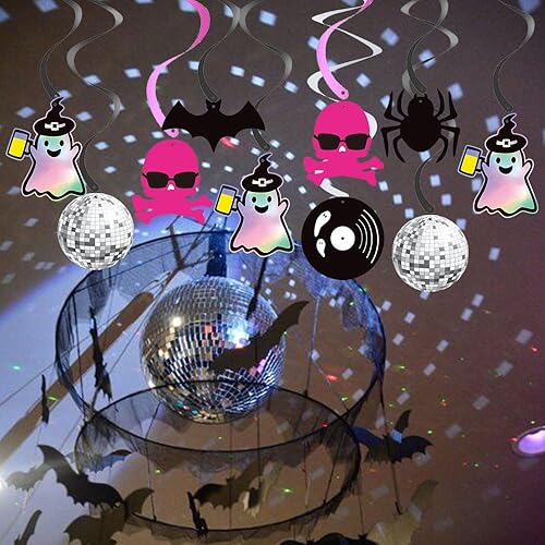 Miniatura 4 de 20 espirales colgantes de Halloween Death By Disco, Lets Go Ghouls, decoración colgante de despedida de soltera, calavera rosa intenso, serpentinas