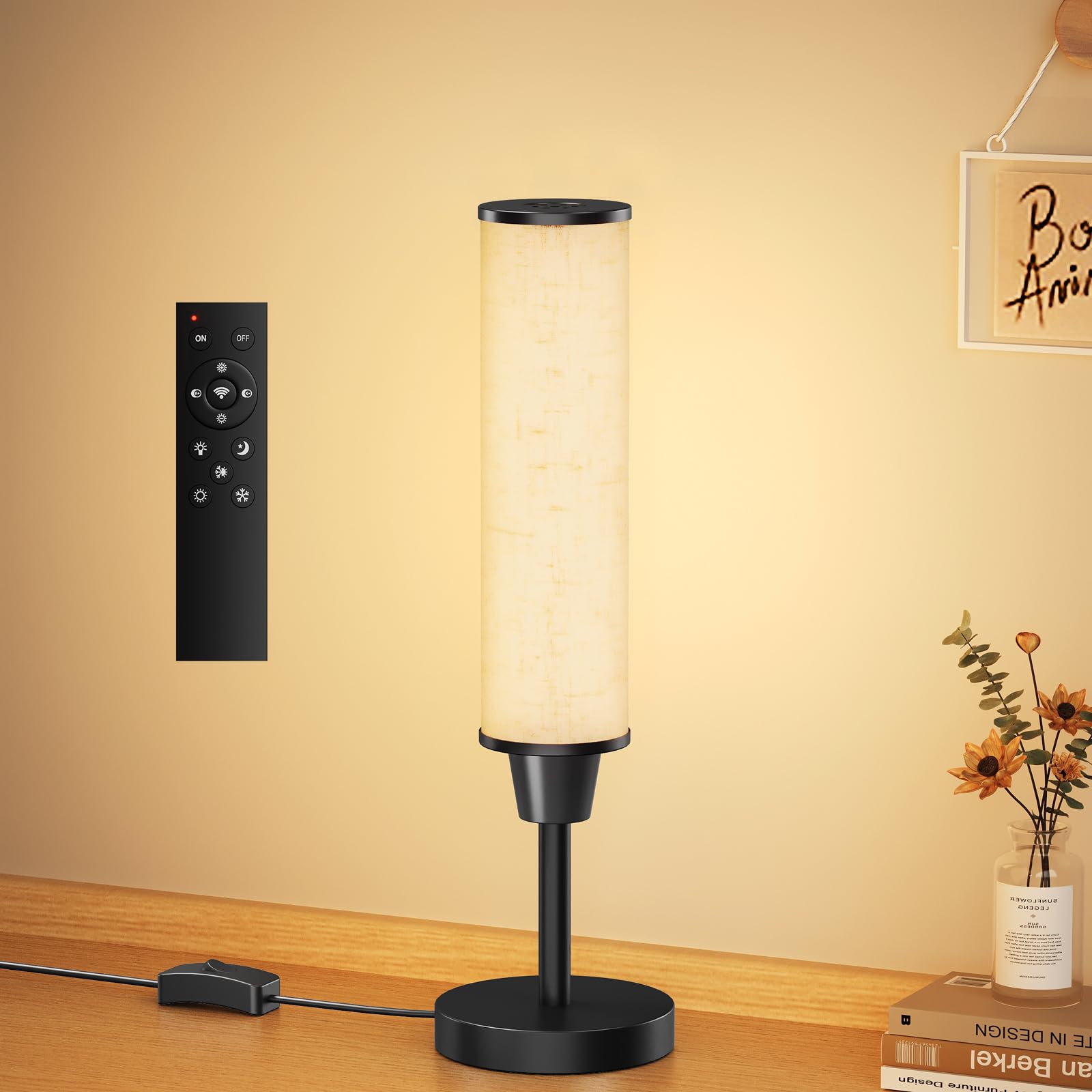 Table lamp with Remote,Bedside Lamps,Table Lamps for Living Room Bedroom,Adjustable Brightness (10%-100%) and Color Temperature (3000k-600k),Small Lamp for Living Room (Black-Beige Linen)