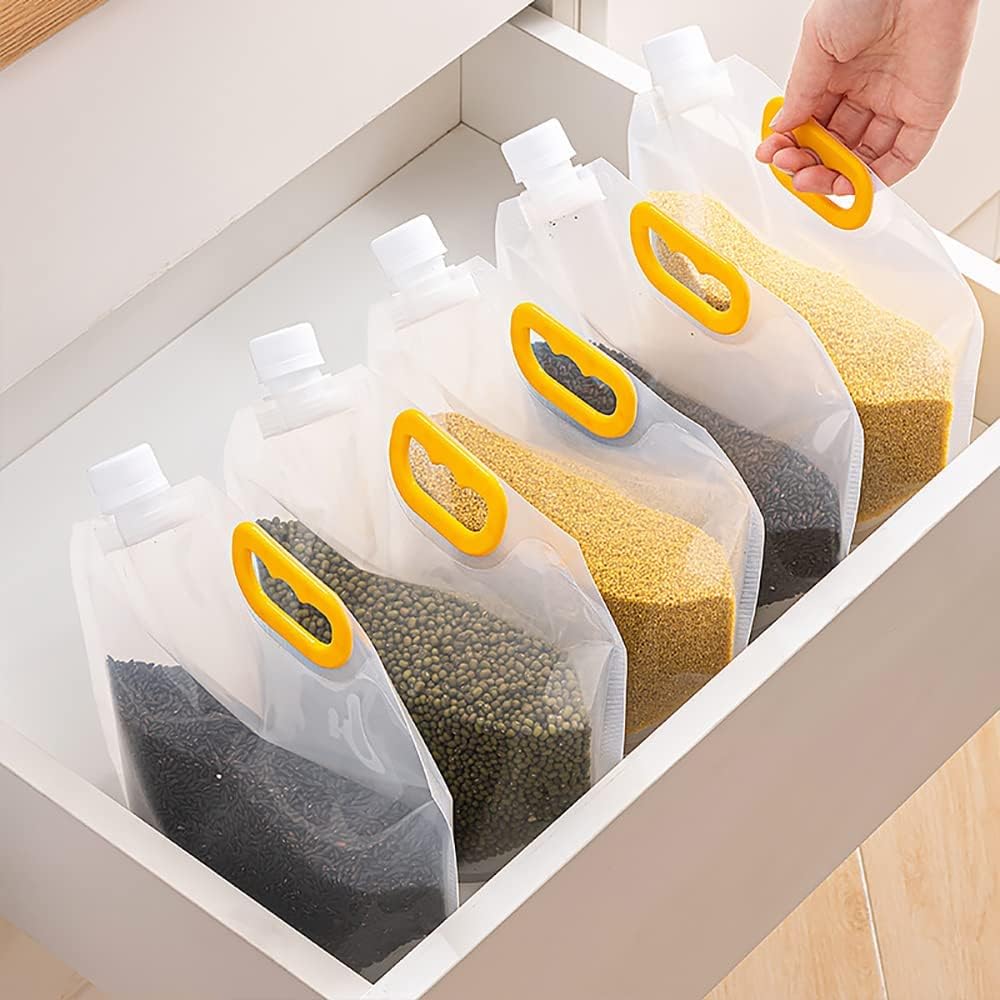 ALMEKAQUZ 5Pcs Multigrain Storage Bags,Grain Moisture-Proof Sealed Bag,Food Storage Pouches,Airtight Packaging Baggies, Reusable and Stand Up Storage for Beans,Candy,Liquid Storage with Funnel (2.5L)