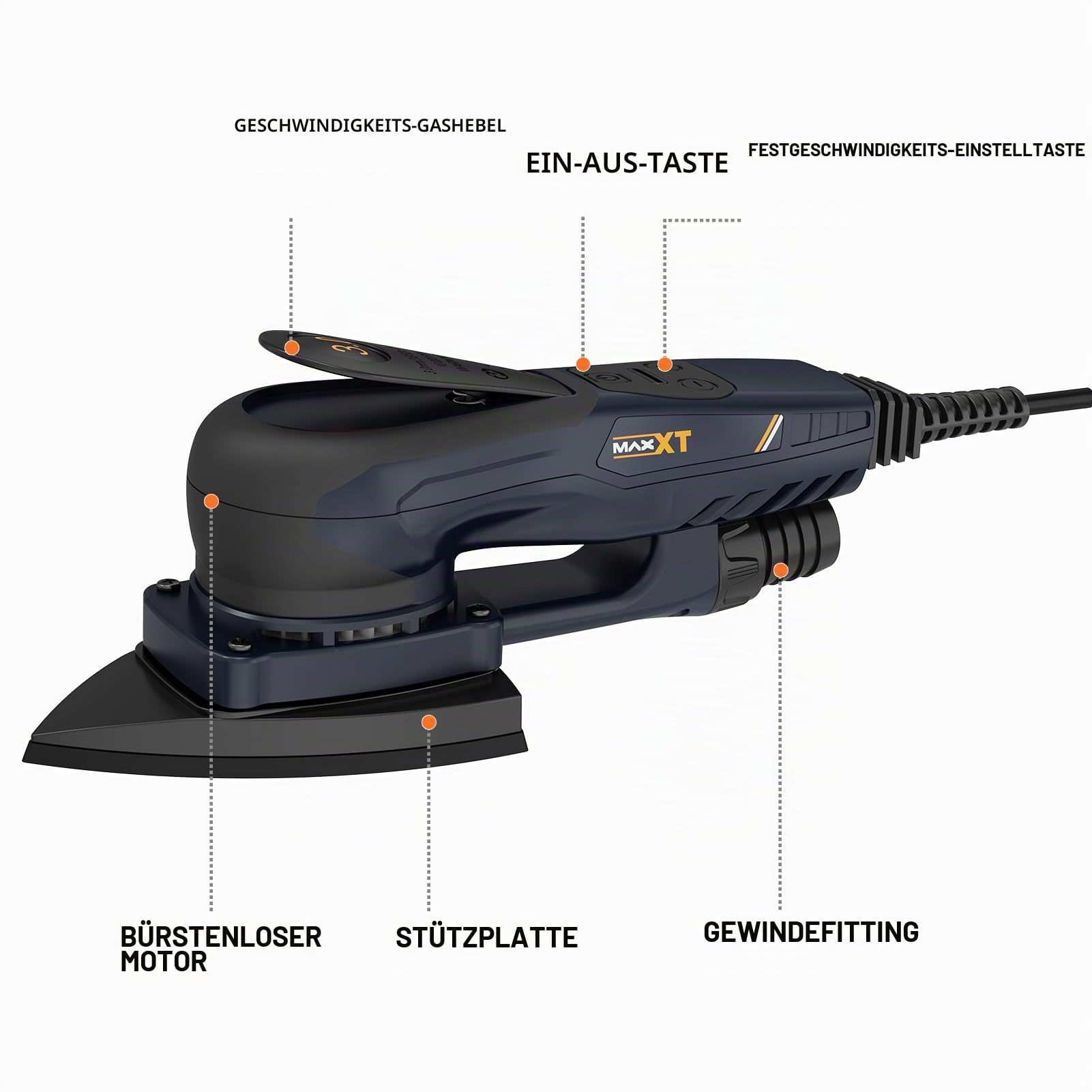MAXXT Profi Bürstenloser 3mm Dreieck-Schleifer - 350W Starker EC Motor, Geschwindigkeitsregulierung, Lieferung Mit 10 Premium Schleifpapieren Für Präzisionsschleifen Von Holz