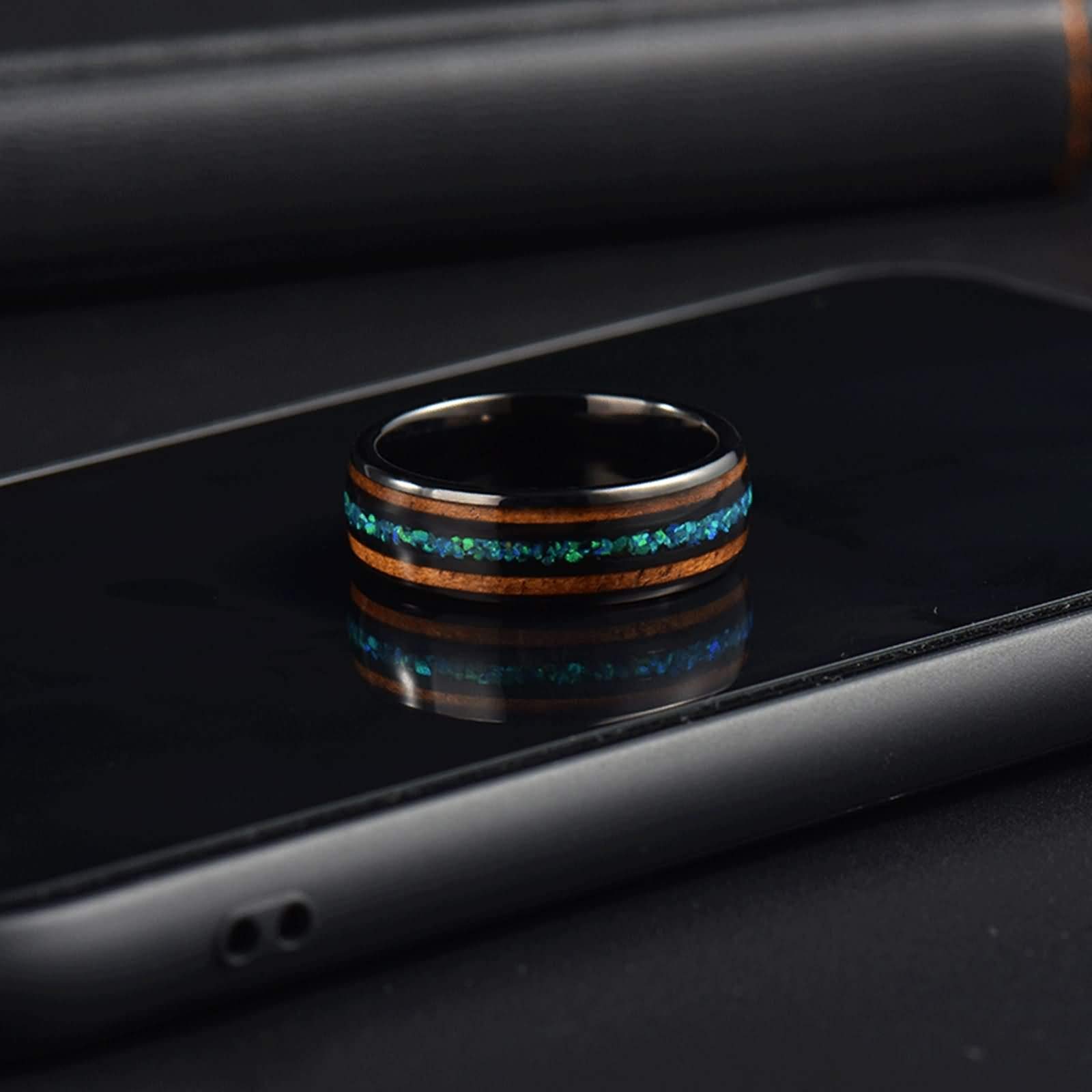 Anello Uomo Tungsteno Fede Nuziale Anello di Fidanzamento Intarsio di Legno e Abalone Anello Uomo Incisione Personalizzata 8MM Anelli Fidanzamento Nero Misura 12-31