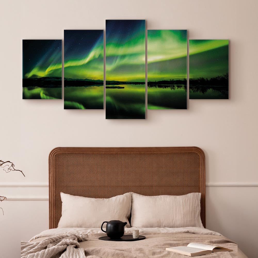 murando - Leinwandbild Nordlicht Island Nacht, 200x100 cm, 5-teilig, modern | Hochwertige Leinwand, sofort aufhängbar, ideal fürs Wohn- oder Schlafzimmer, wasserfest und lichtecht, langlebig, stilvoll