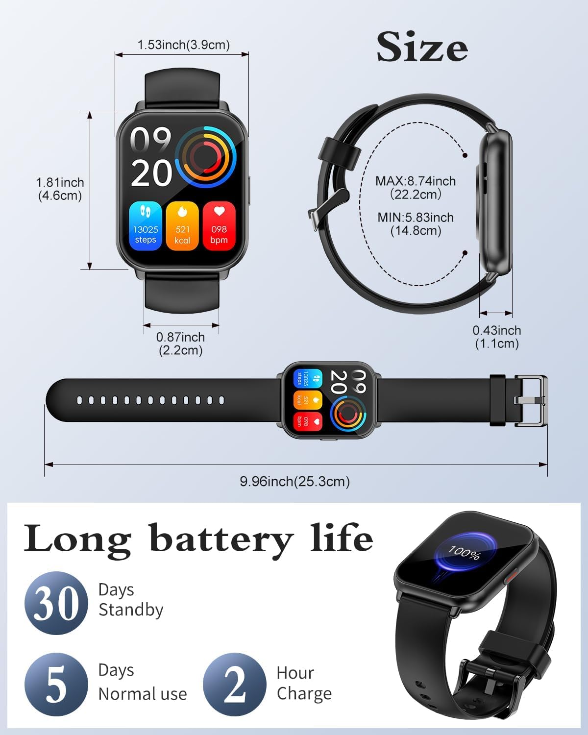 RUIMEN Montre Connectée Homme Femme avec Appel Bluetooth Smartwatch avec Podometre Cardiofrequencemetre Oxymetre Montre Sport pour iPhone Android Etanche IP68 Notification Chronometre Meteo Noir