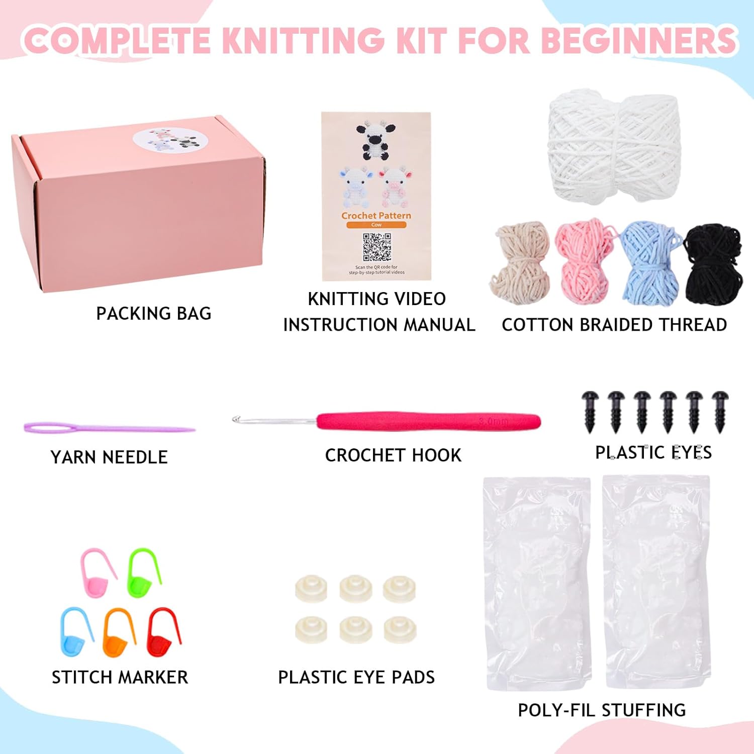 Crochet Starter Kit for Beginners, 3 Cute Animal Cow Pattern, Crochet Starter Kit Beginner for Adults Knitting Hooks and Yarn Set with Video Tutorial