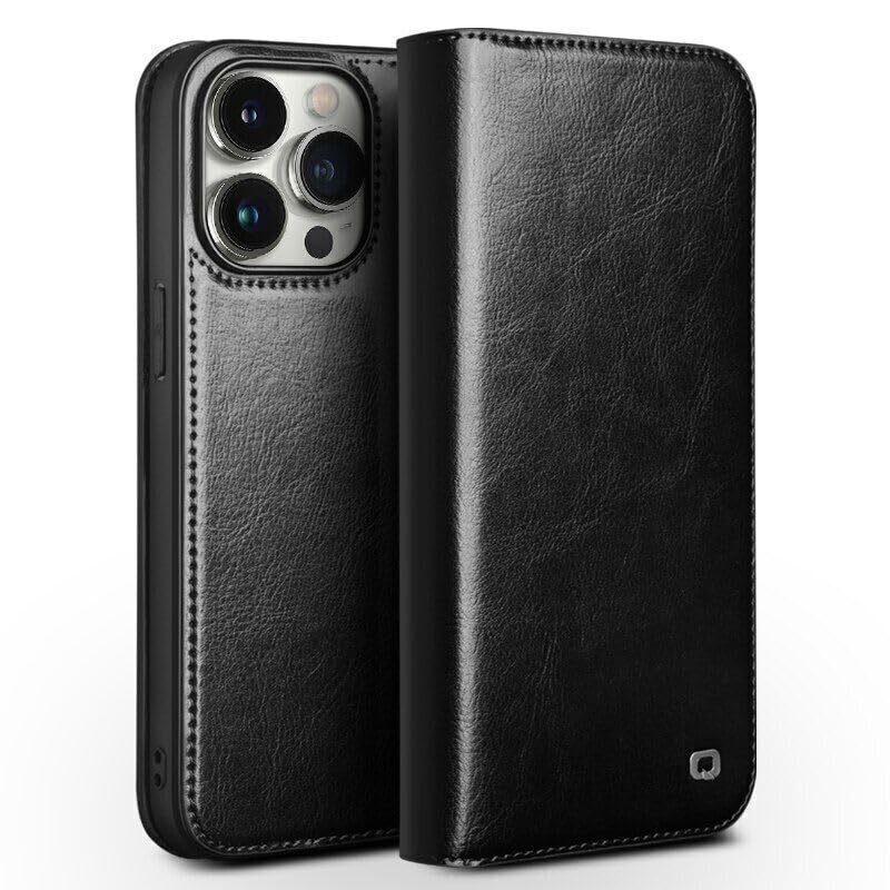 Étui iPhone 14 Pro avec porte-cartes et rabat magnétique, housse de protection intégrale noire