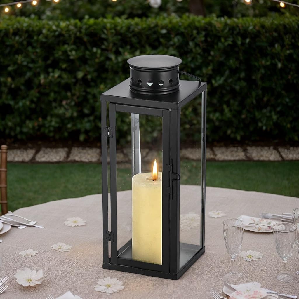Lanterna Nera per Esterni, Portacandela Antivento in Metallo e Vetro, Resistente alle Intemperie, Lanterna Decorativa per Giardino, Cimitero e Esterni