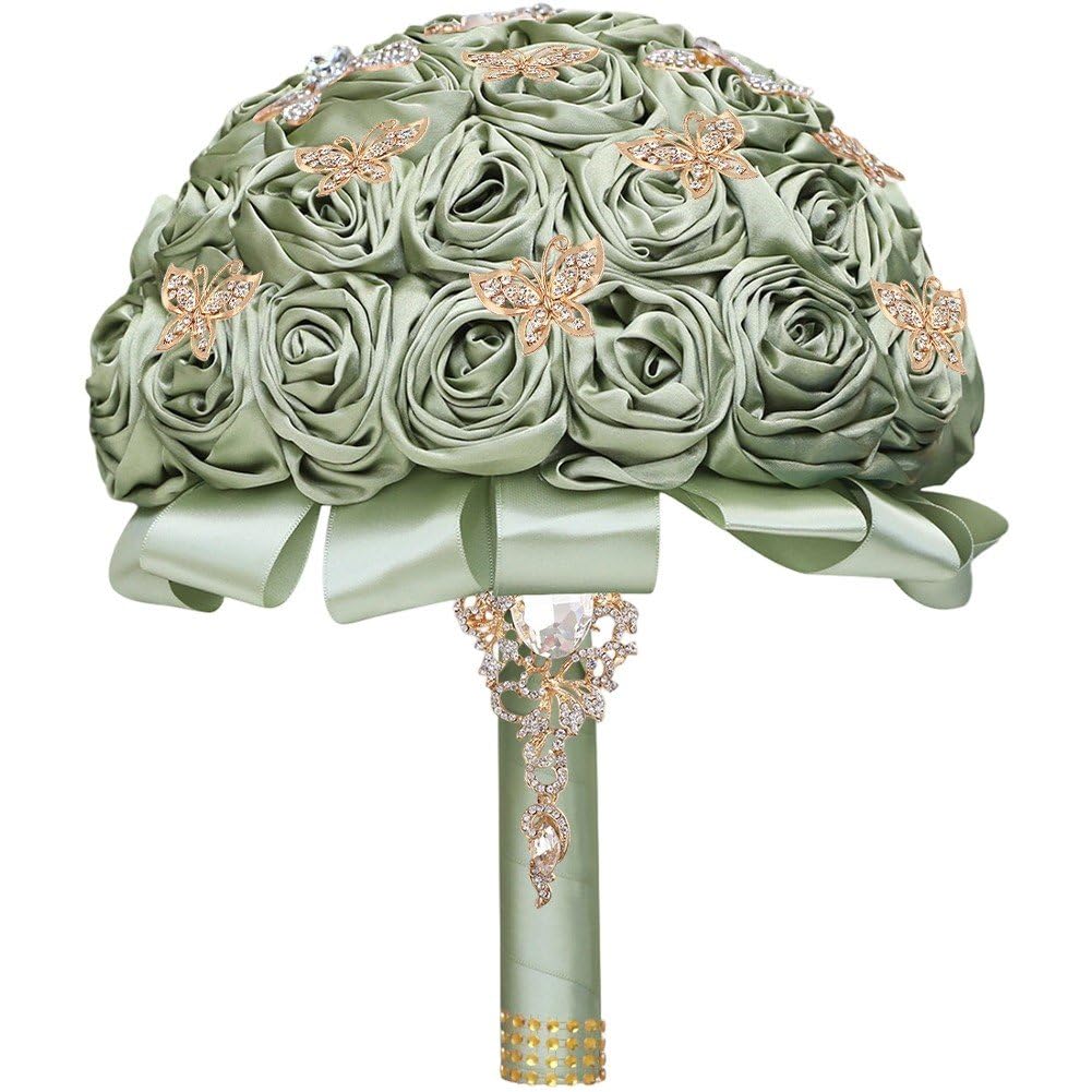 Lamdbao Rhinestone Bridal Bouquet Artificial Rose Satin Roses Wedding Bouquet Posy Handmade Round Flower Bunch for Valentine's Day Birthday