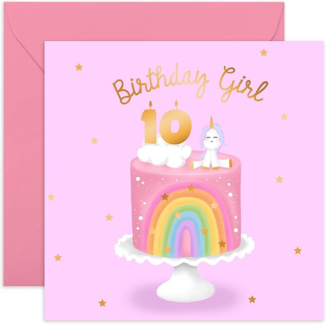 Central 23 - Girls Birthday Card Age 10 - Ten Years Old - 10th Bday Rainbow Unicorn Cake - Comes with Cute Stickers