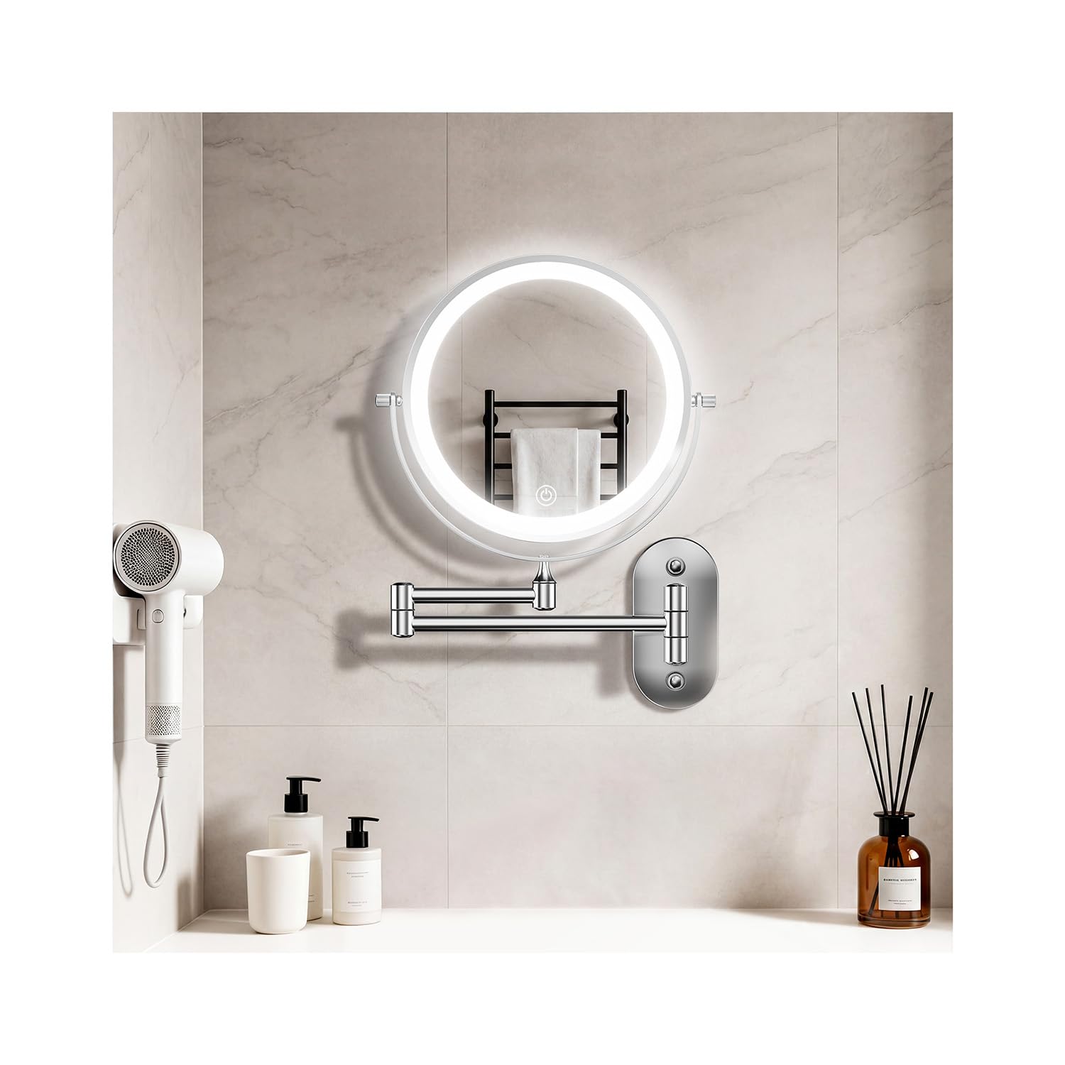 Auxmir Lighted Wall Mounted 30X Magnifying Makeup Mirror, 8" Double-sided 360° Swivel Shaving Mirror with Extendable Arm, 3200mAh Rechargeable Dimmable Mirrors with Tweezer for Bathroom and Hotel — image 1