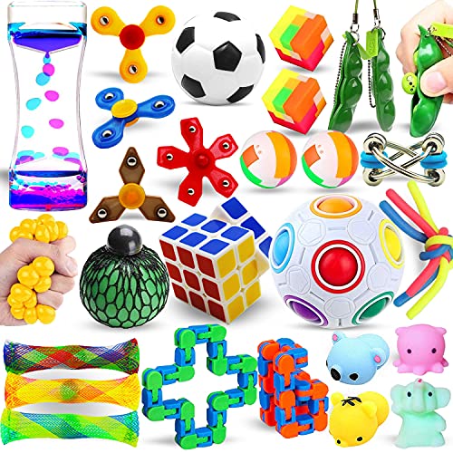 Dilycery Sensory Fidget Toys Set for Kids,28 Packs Stress Relief Figetget Toys for ADHD Anxiety with Wacky Track Water Timer,Birthday Party Favor,Treasure Box Prize,Teacher Supplies Classroom Reward
