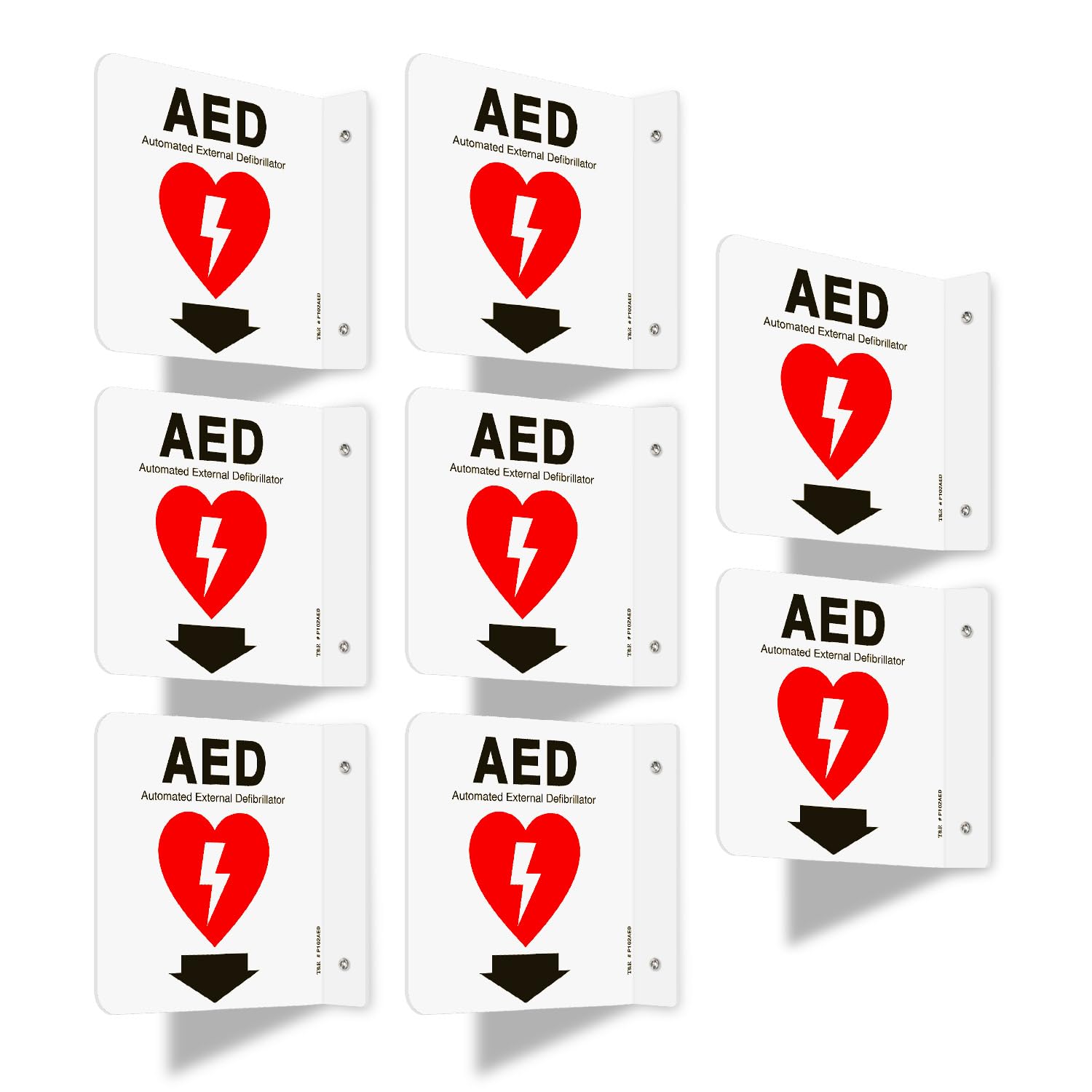 T&amp;R AED Sign, Automated External Defibrillator with Down Arrow - 8 Pack - 6 x 6 Inches Acrylic, 2 pre-drilled holes, Includes Matching Screws, Use for Office/Business