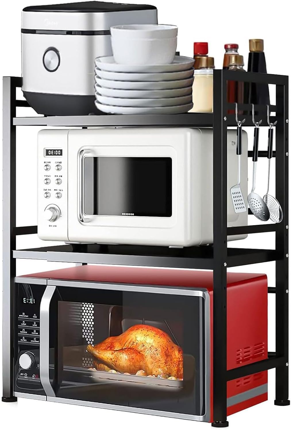 Expandable Microwave Stand, 3 Tier Metal Kitchen Shelves Organizer for Mestop with 6 Hooks, Baker Rack, Microwave Rack, Microwave Oven Rack (3 Tiers)
