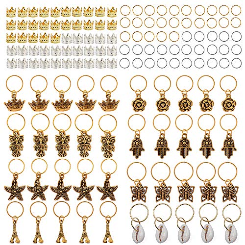 140 Pieces Dreadlock Hair Jewelry Rings Metal Hair Cuffs Shell Charms Hair Coils Aluminum Hair Accessories Hair Decoration Clips Hoops Pendants for Braids