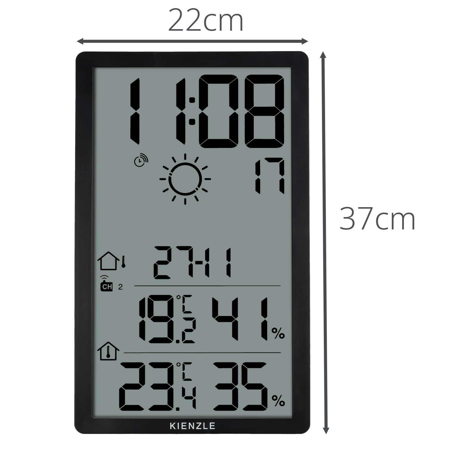 Kienzle Radiowy zegar ścienny ze stacją pogodową Duży ekran 34 cm w pionie, temperatura wewnątrz/na zewnątrz, wilgotność, prognoza pogody, czujnik w zestawie