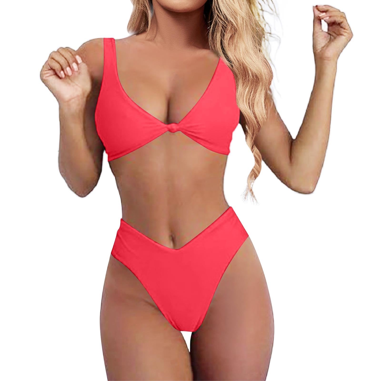 Costume da Bagno Donna Bikini for Tinta Unita Scollo A V Nodo Davanti Push Up Perizoma Gamba Alta A Due Pezzi, Rosso (Rosso Anguria), S