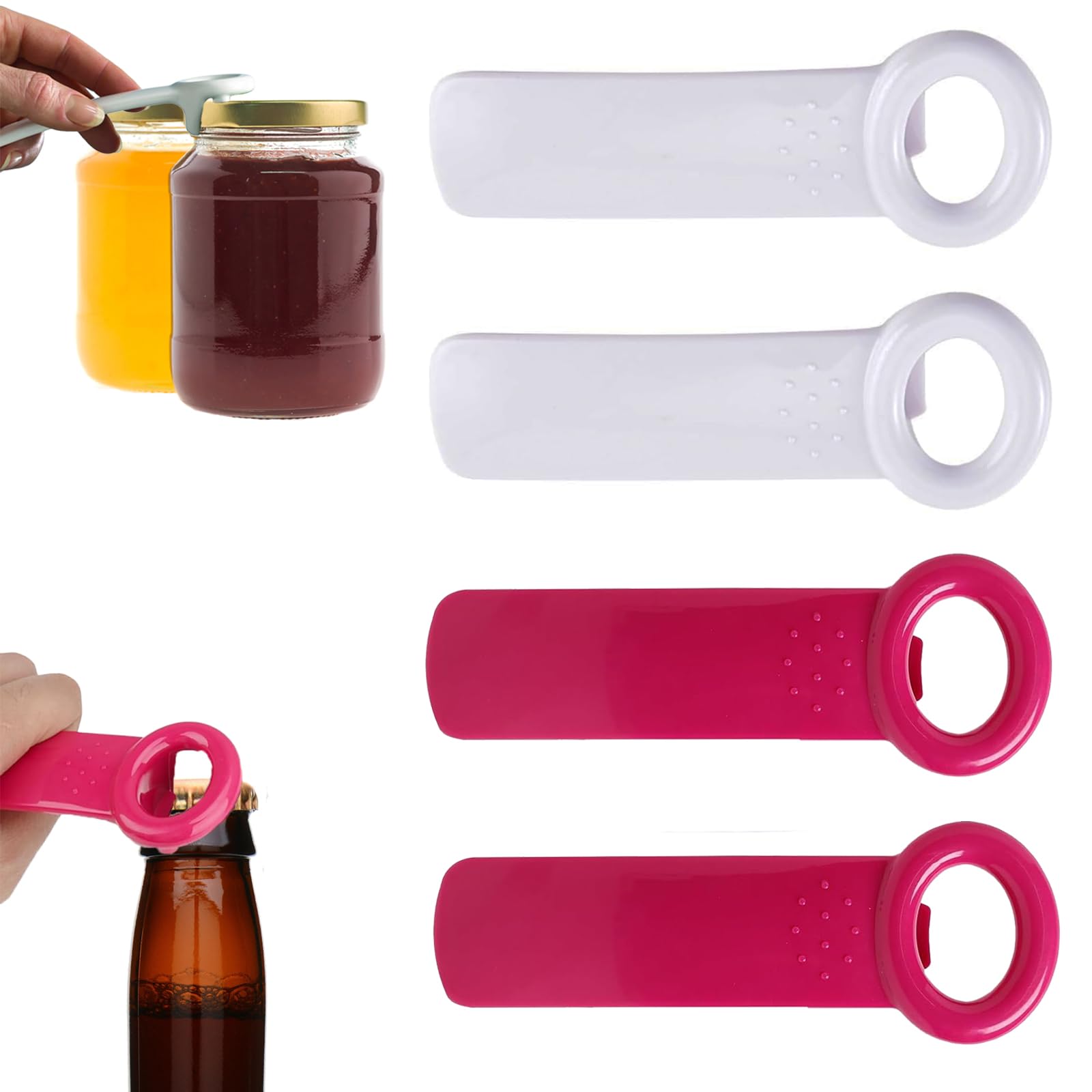 4 Pcs Jar and Bottle Opener Set, Mini Portable Hand Operated Gripper for Elderly Children and Women (Rose Red, White)