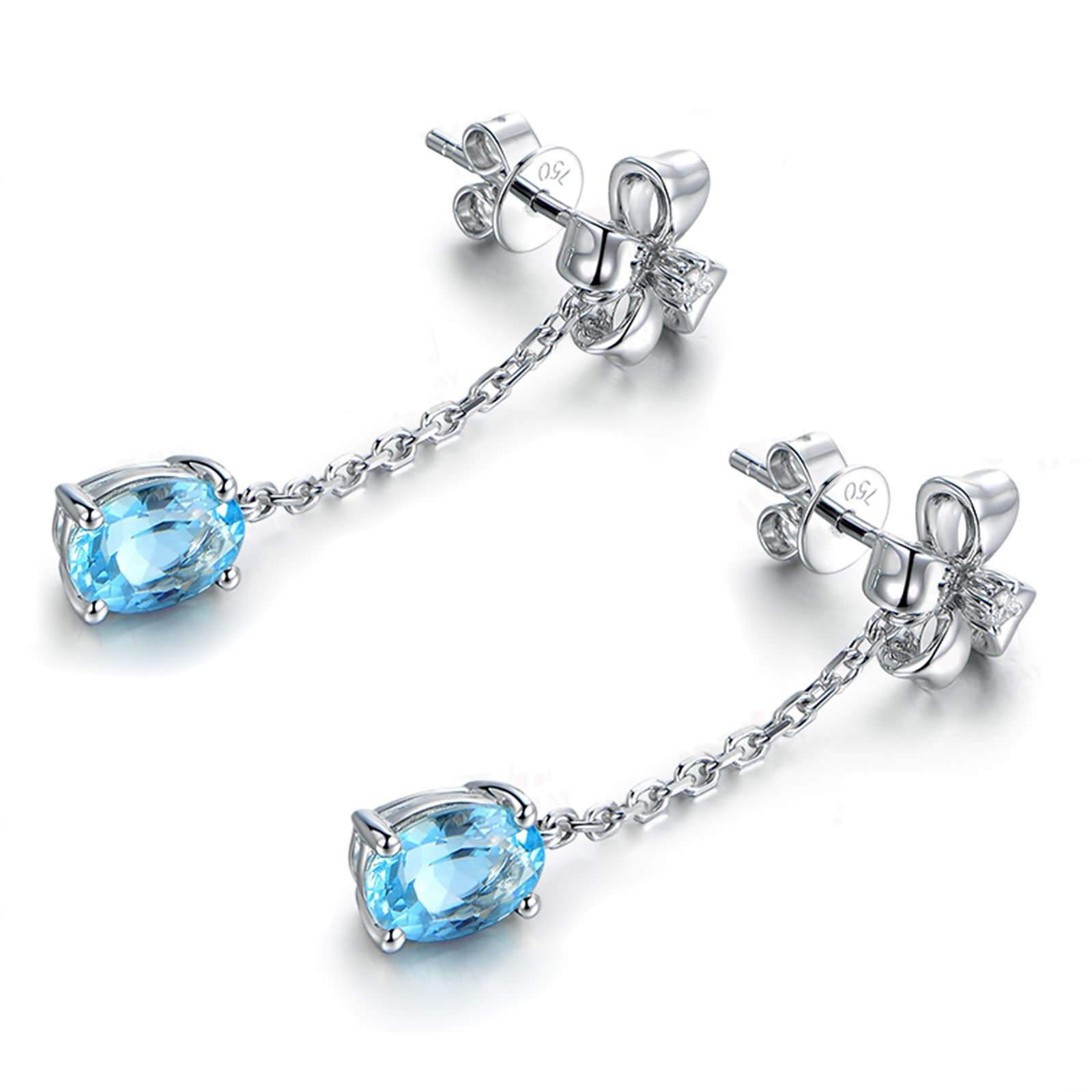 Aquamarin-Tropfenohrringe für Damen, baumelnde Ohrringe für Damen, Diamant-18-Karat-Schleife mit Kette und ovale Aquamarin-Ohrringe von 1,65 ct