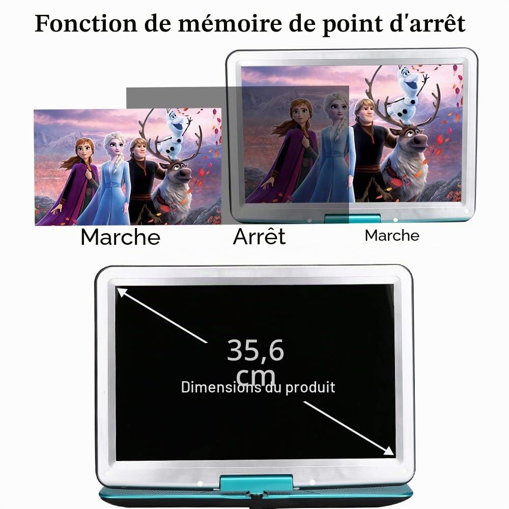 YOOHOO Lecteur DVD Portable de 16,9" avec écran LCD HD de 14,1" avec contrôleur Haute résolution Batterie Rechargeable Grand écran Lecteur DVD pour Voiture (Vert)