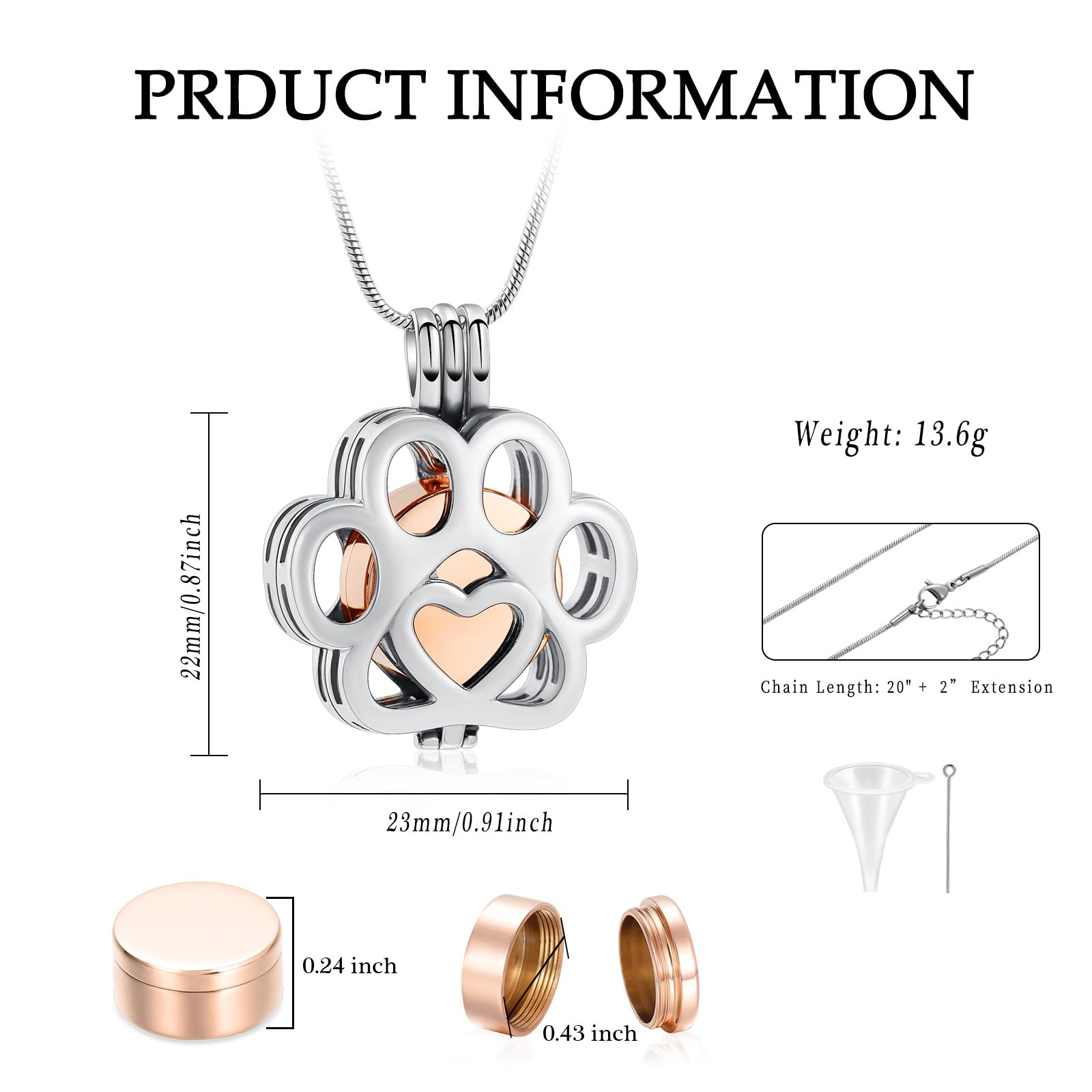 VCCWYQK Cremation Jewelry For Ashes For Dog/Cat Paw Stainless Steel Memorial Locket Urn Necklace Inside Mini Case Keepsake Cremation Jewelry for Pet (A-Silver+Rose Gold) - Image 2