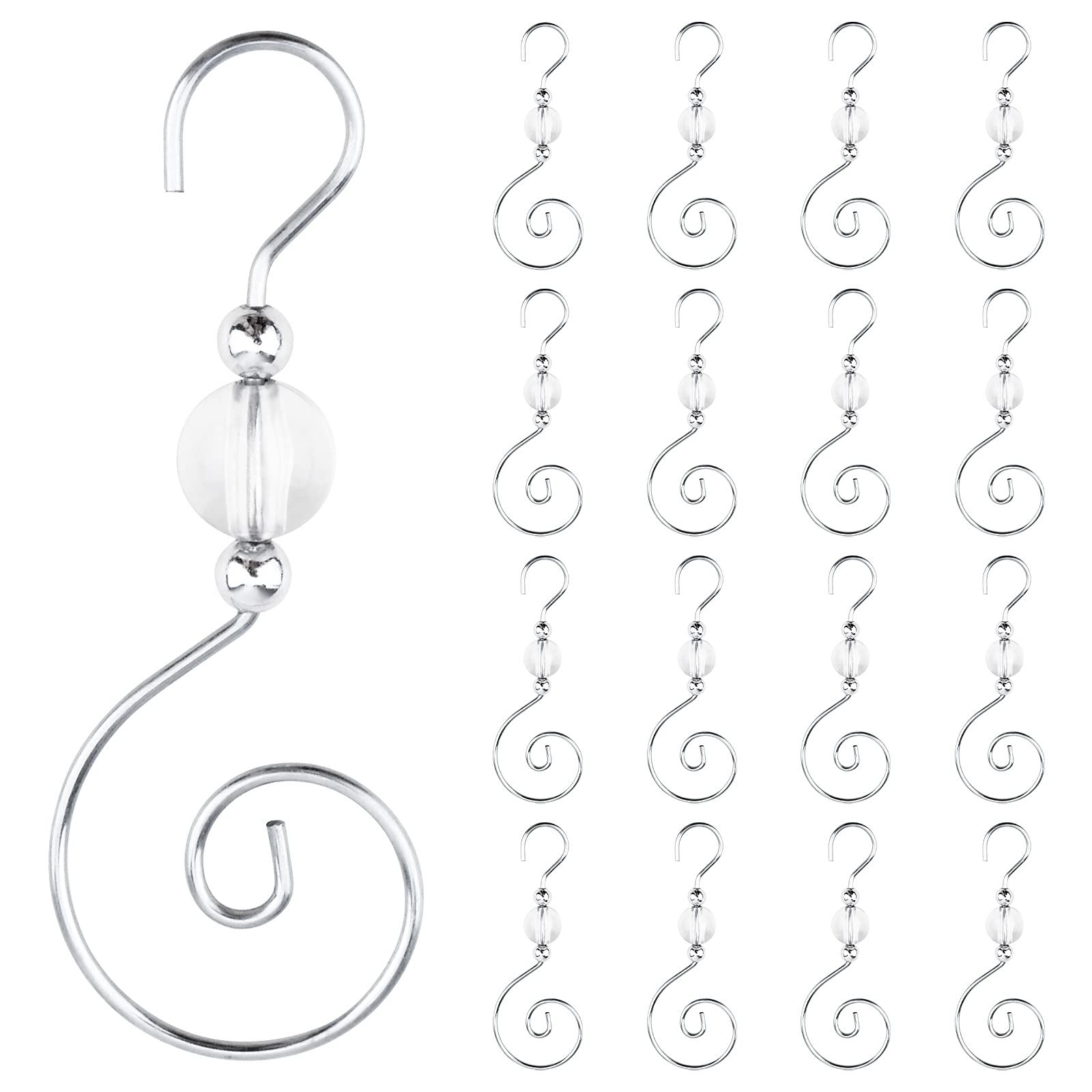 Increway Silver & Transparent Beads B Christmas Ornament Hooks, 30Pcs Silver S-Shaped Hangers Hook Christmas Ornament Metal Hooks With Crystal Round Bead