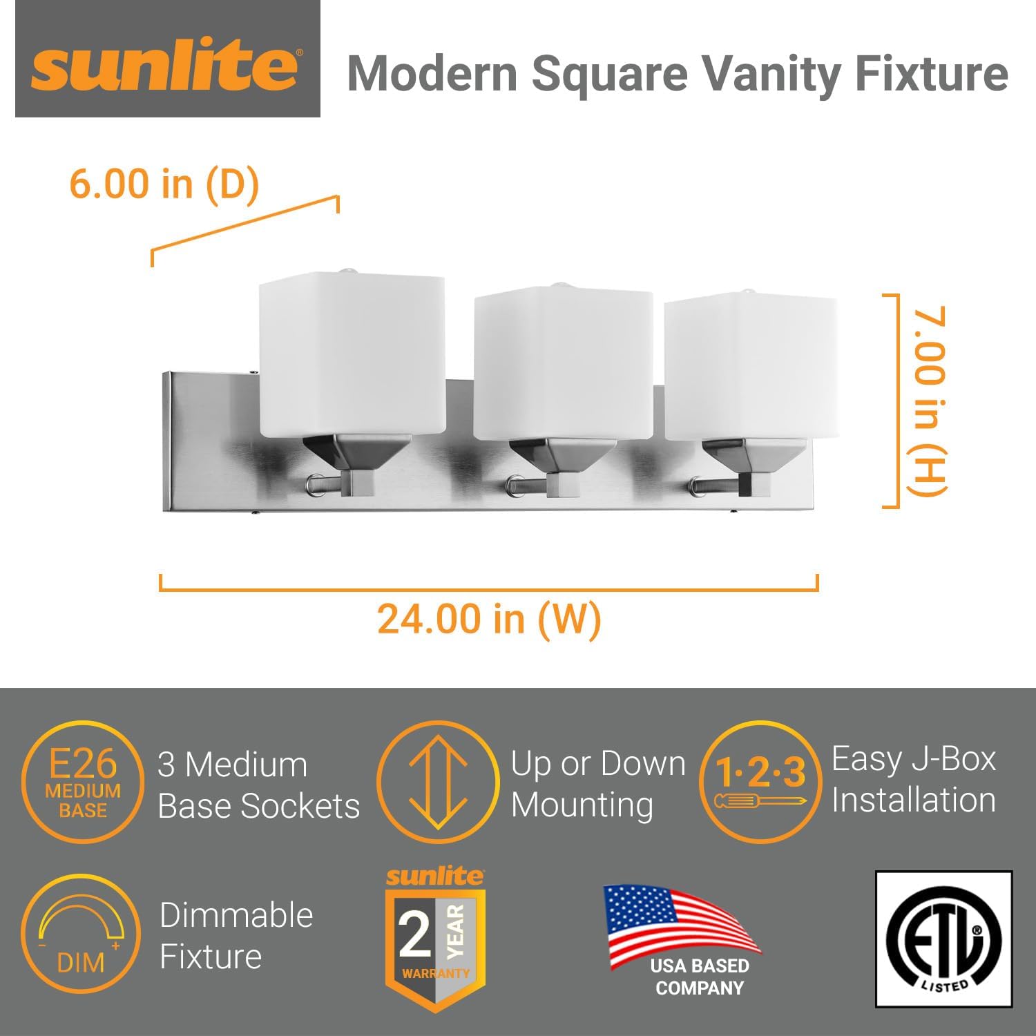 Sunlite 81324-SU Modern Square Shade Vanity Fixture, 24" Wall Mount, Medium Base (E26) Socket, Standard A19 Bulb Required (60W Max), Frosted Glass Shade, ETL Listed, Brushed Nickel Base 3-Lights