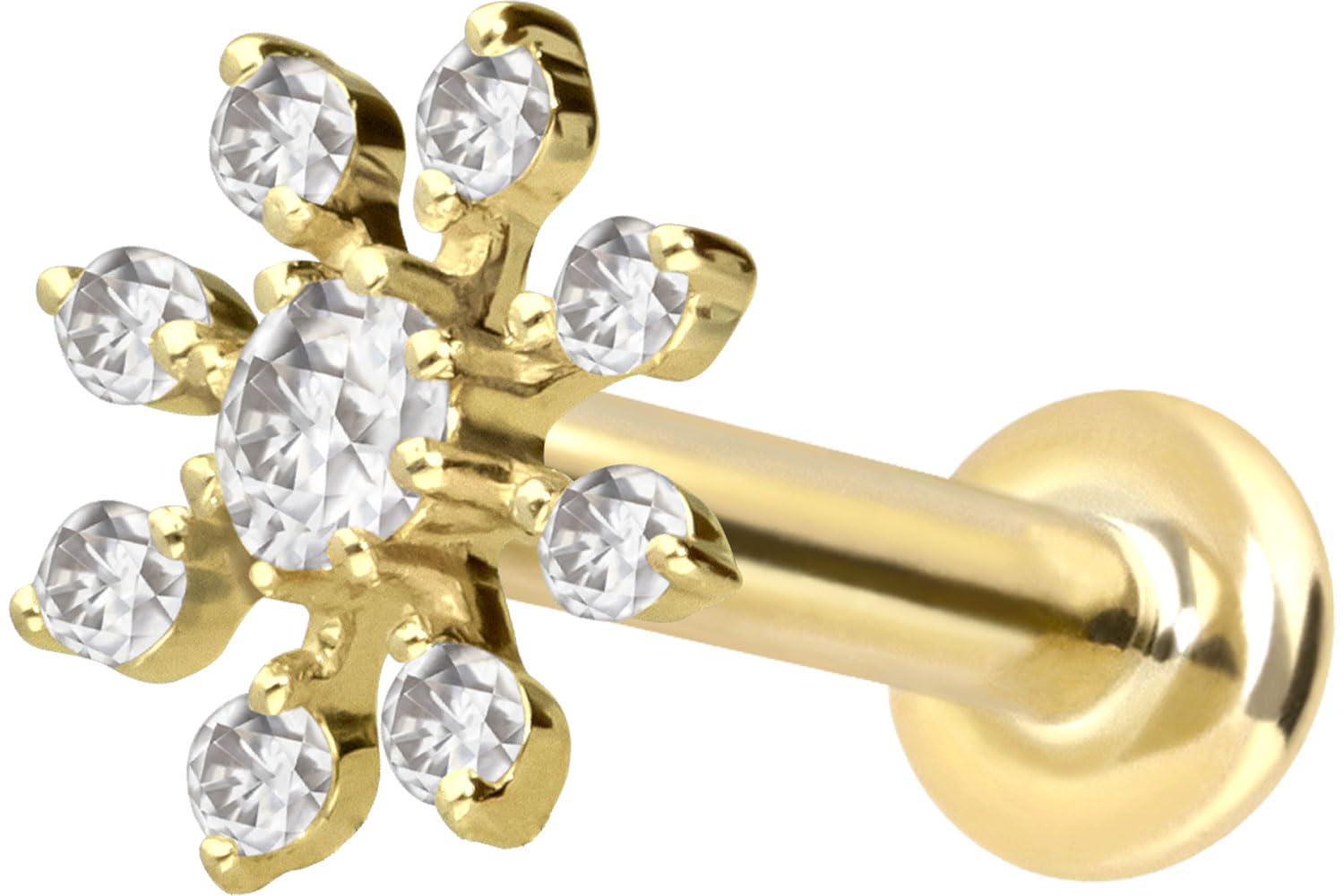 PIERCINGLINE 14 Karat Gold Ohr-Piercing Labret mit Innengewinde MOISSANIT-BLUME Farb & Größenauswahl