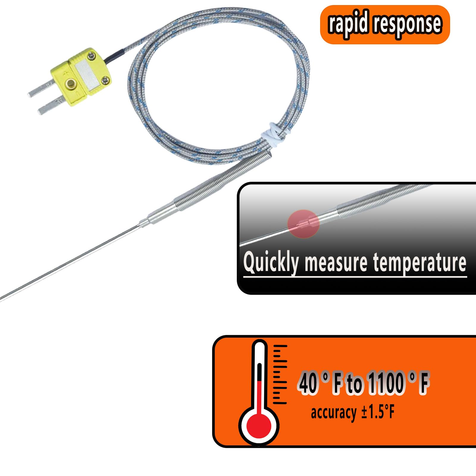TL1918SL - Sonda de termopar tipo K (2 unidades, cable de 11 pulgadas/0.1 pulgadas, rango de medición de 40 pulgadas, 10 ºC-1250 ºF)