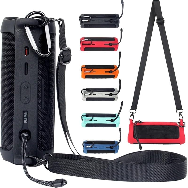 Silicone Case Cover for JBL Flip 6,Travel Carrying Protective Gel Soft Skin for Portable Wireless Speaker,with Shoulder Strap,Speaker Protective Shell Sleeve Accessories (Black)