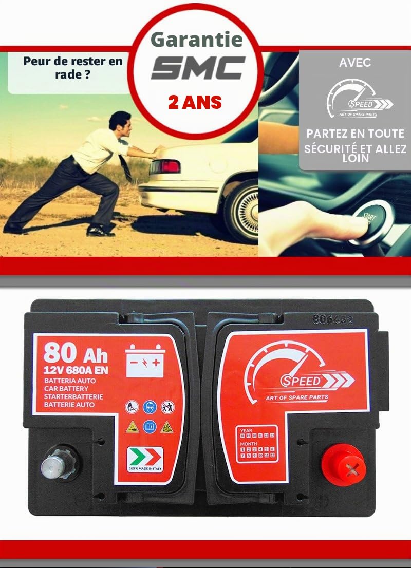 Speed Batterie de démarrage pour voiture, d’origine Speed L3, 12 V 80 Ah 680 A, pôle positif à droite (278 x 190 x 175 mm)