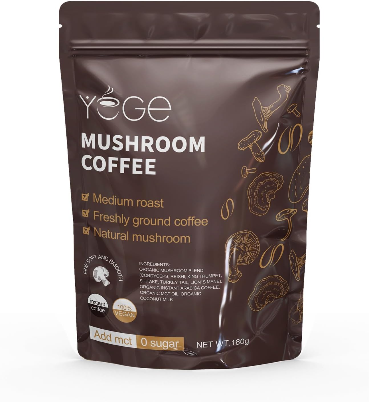 Mushroom Coffee, Instant Mushroom Coffee with Cordyceps, Reishi, King Trumpet, Shiitake, Turkey Tail, Lions Mane for Energy, Focus, Positive Mood & Immune Support (30 Servings)