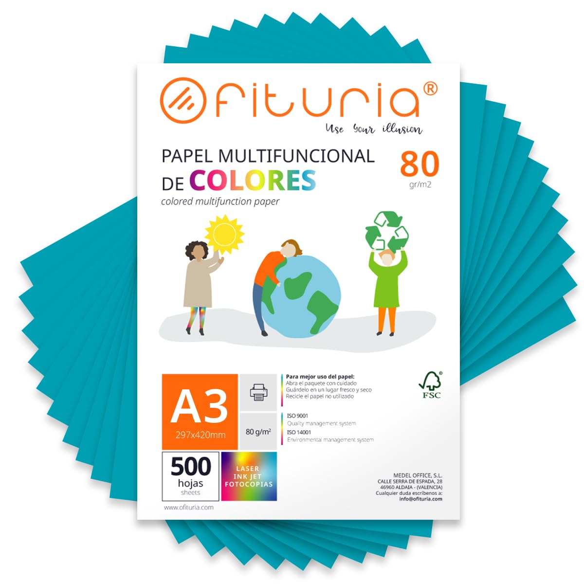 Coloured Sheets, Pack 500 Sheets A3 80 g – Coloured Paper for Crafts, Printer, Scrapbooking – Folios Colours – Ideal Origami, Papiroflexia, Office and School (Turquoise, 500h)